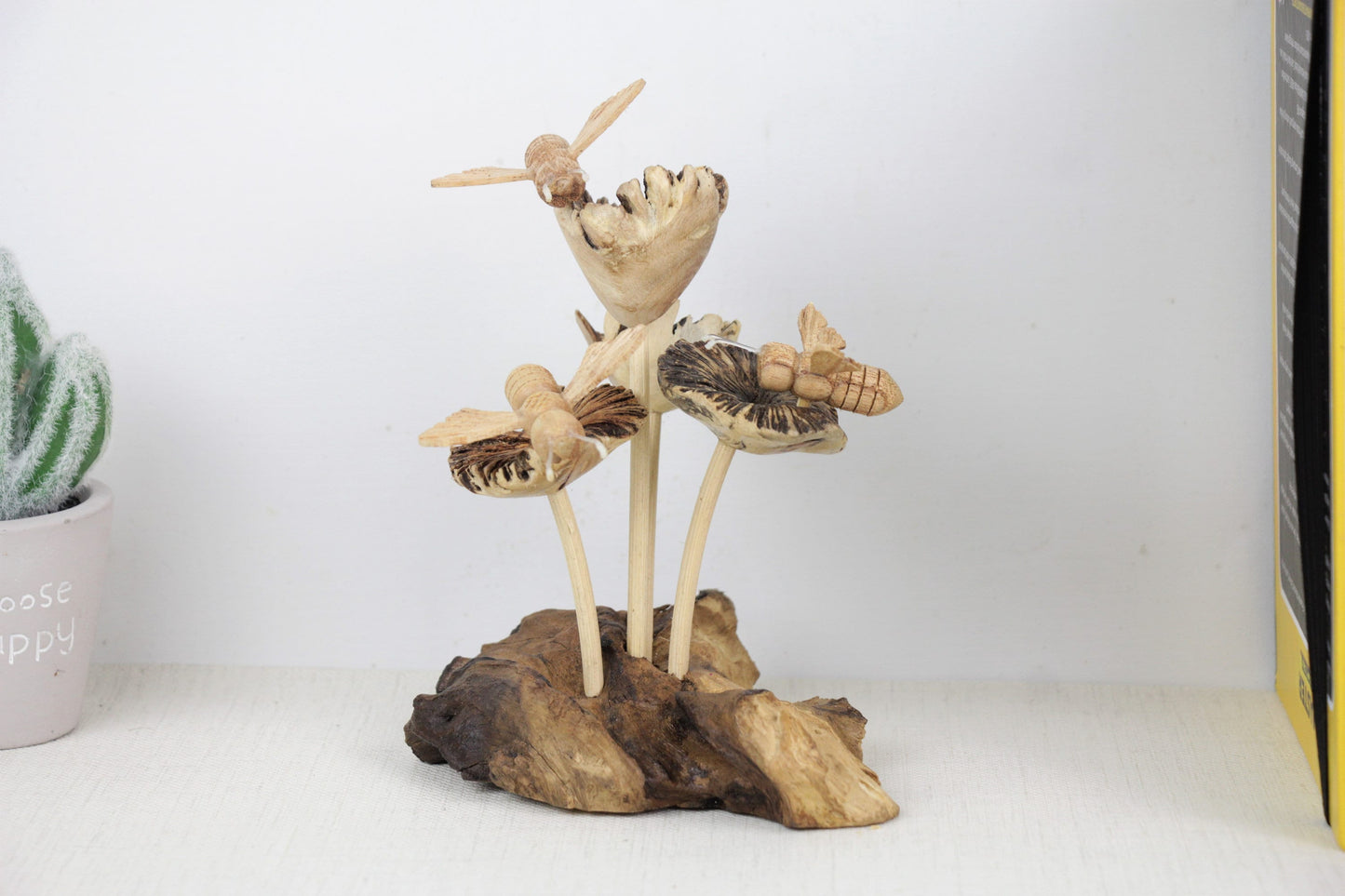 Wooden Bees on Flowers Sculpture, Table Deco, Figurine, Wood Carving, Insect Statue, Nursery Deco, Wedding Gift, Gift For Mom, Handmade Deco