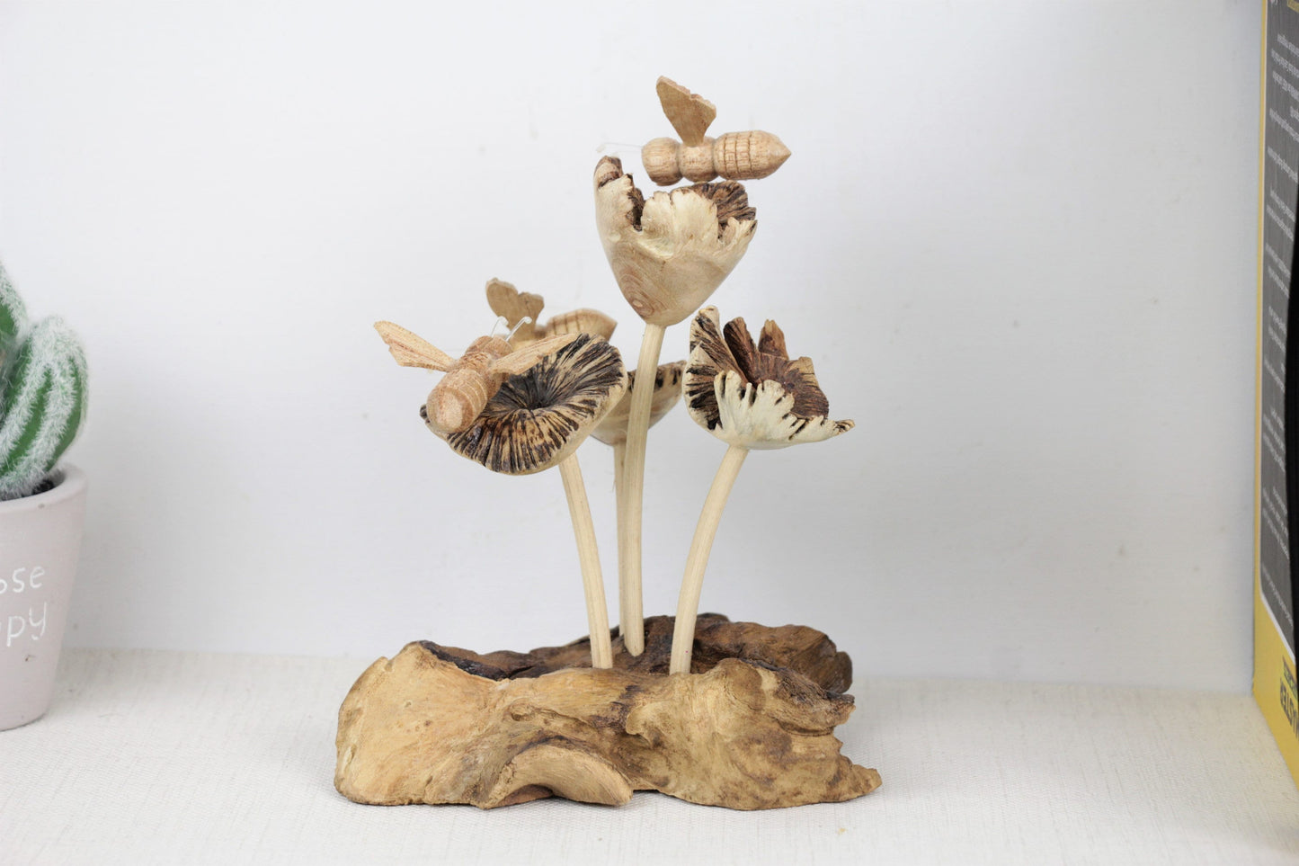 Wooden Bees on Flowers Sculpture, Table Deco, Figurine, Wood Carving, Insect Statue, Nursery Deco, Wedding Gift, Gift For Mom, Handmade Deco