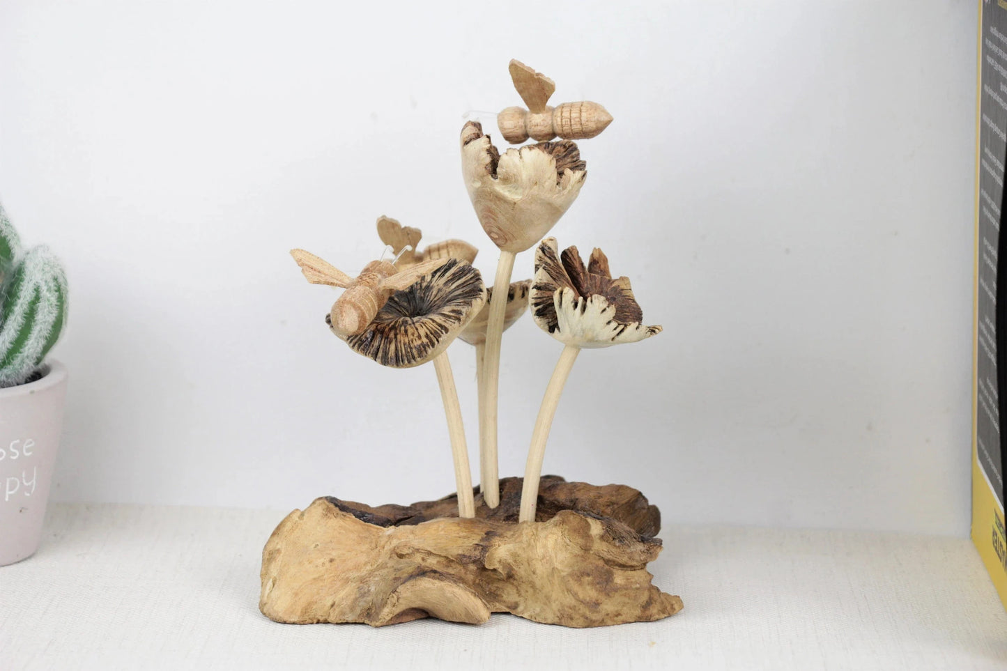 Hand-Carved Wooden Bee Quartet & Flower Sculpture - Freestanding Rustic Decor