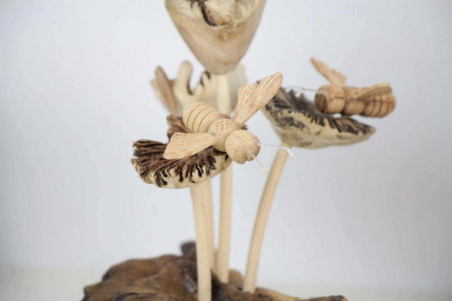 Hand-Carved Wooden Bee Quartet & Flower Sculpture - Freestanding Rustic Decor