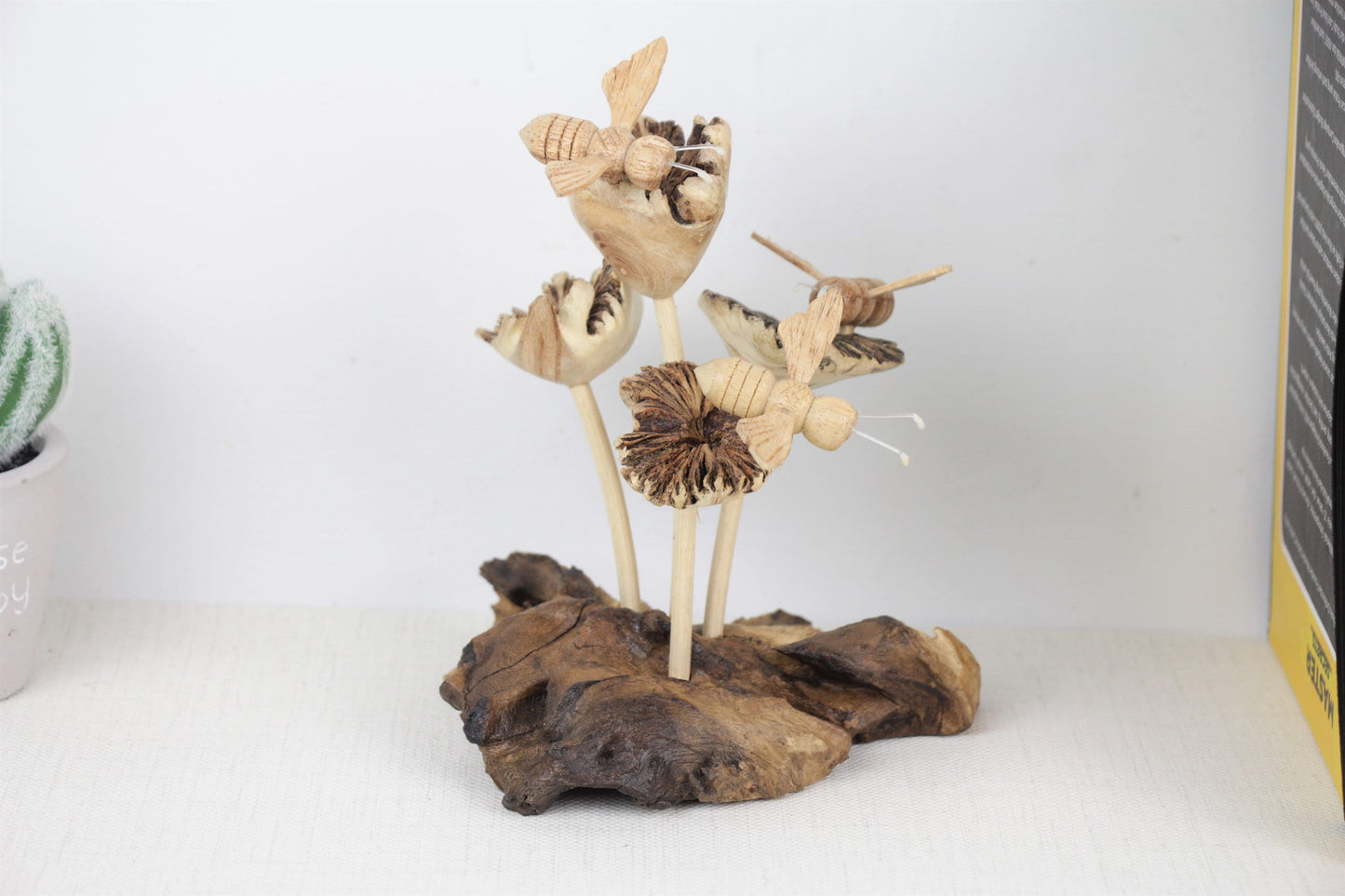 Wooden Bees on Flowers Sculpture, Table Deco, Figurine, Wood Carving, Insect Statue, Nursery Deco, Wedding Gift, Gift For Mom, Handmade Deco