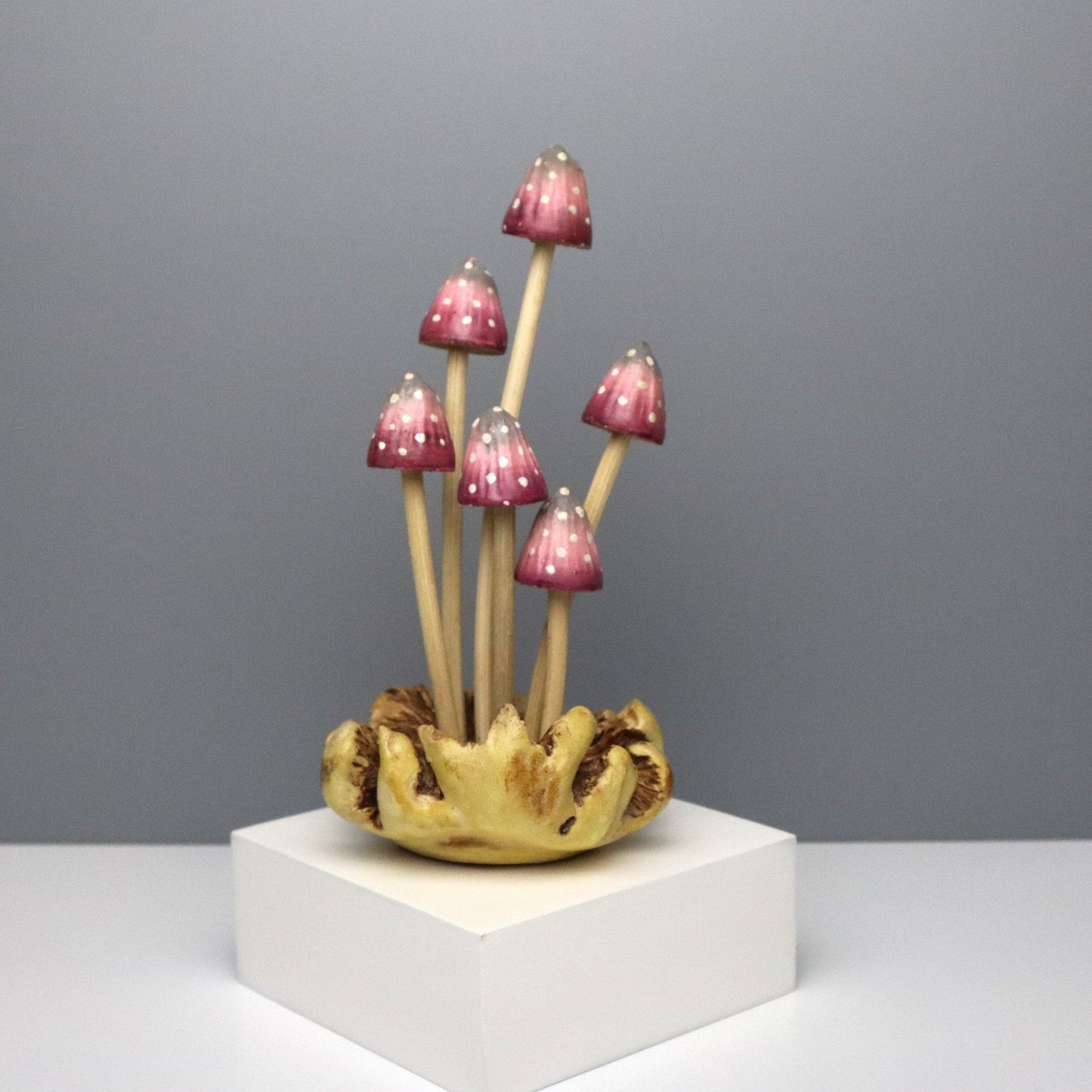 Set of 3 Hand-Carved & Painted Colorful Mushroom Sculptures - Whimsical Table Decor