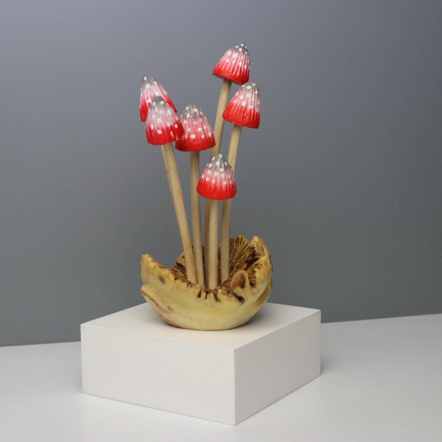 Set of 3 Hand-Carved & Painted Colorful Mushroom Sculptures - Whimsical Table Decor