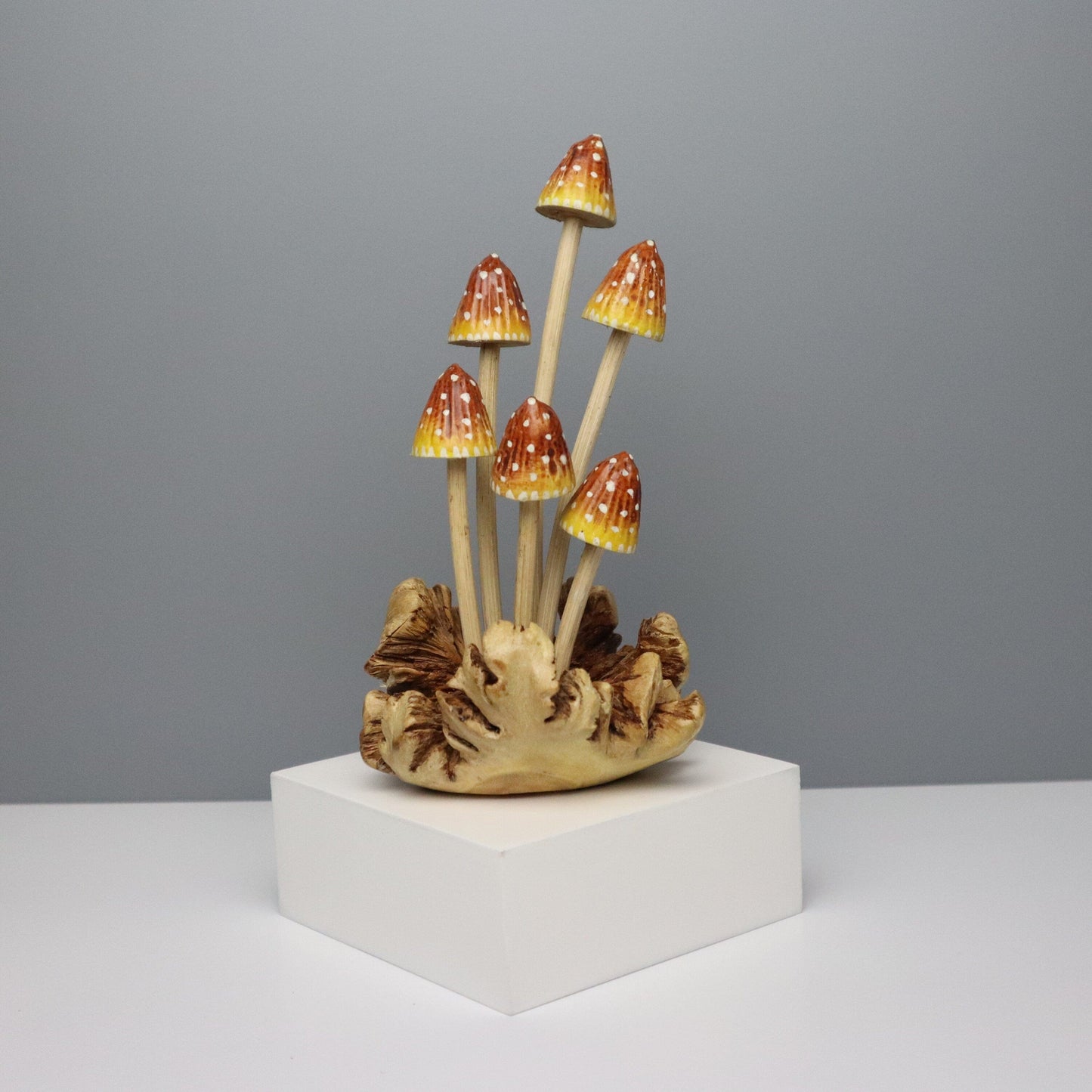 Set of 3 Hand-Carved & Painted Colorful Mushroom Sculptures - Whimsical Table Decor