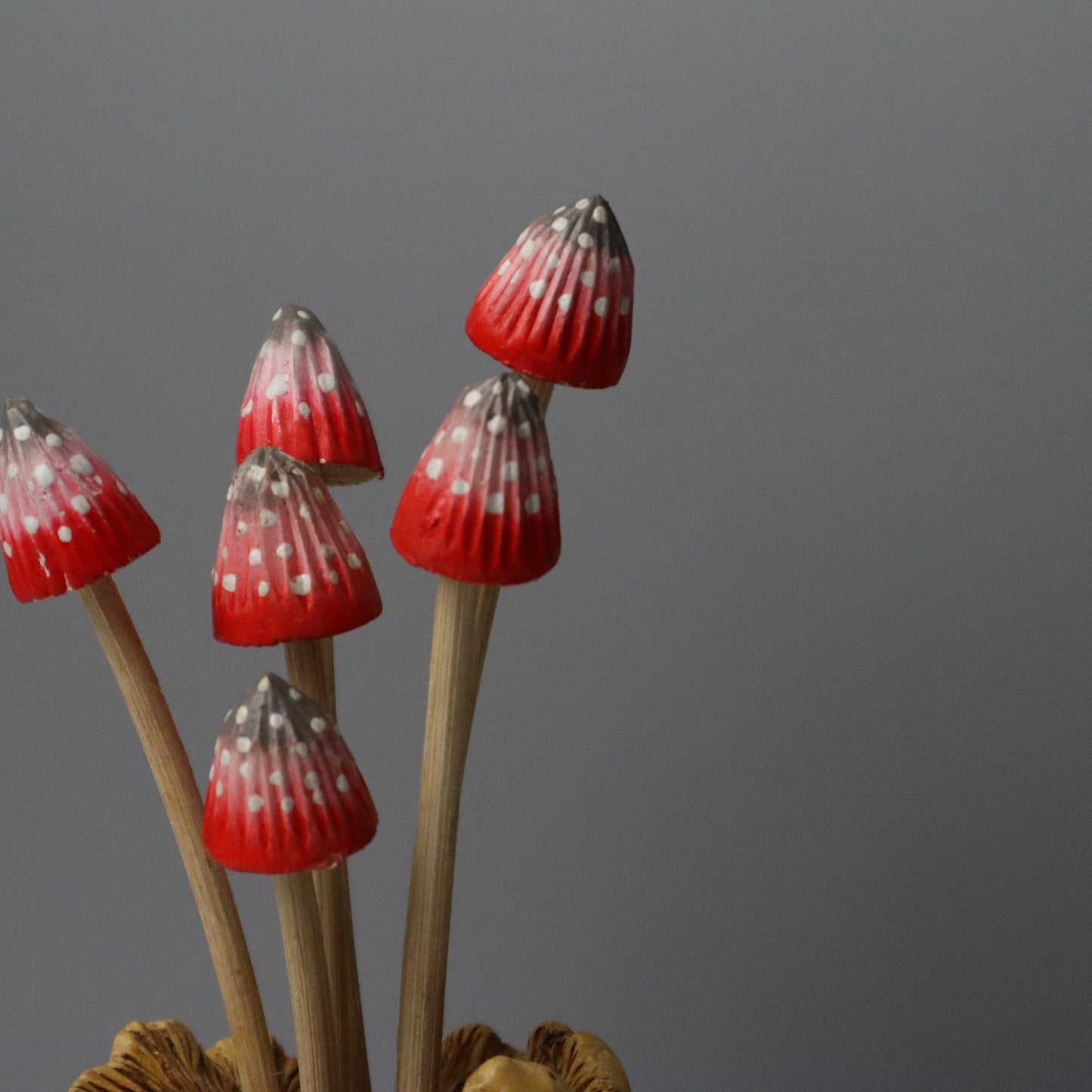 Set of 3 Hand-Carved & Painted Colorful Mushroom Sculptures - Whimsical Table Decor