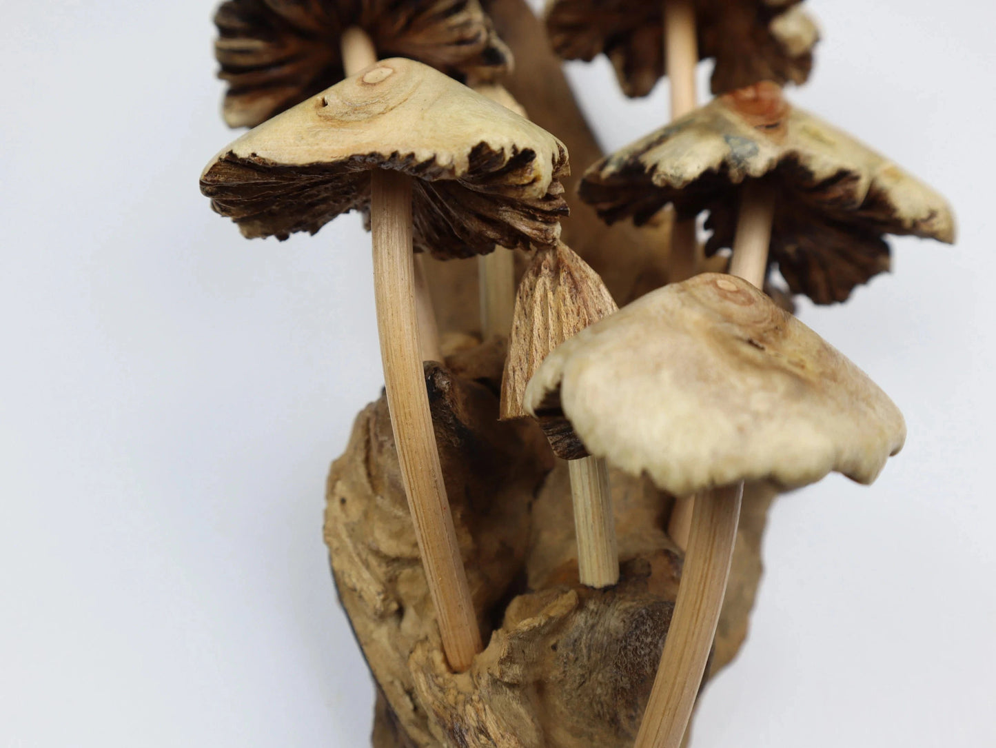 Hand-Carved Natural Wood Mushroom Cluster Sculpture - Vertical Woodland Display