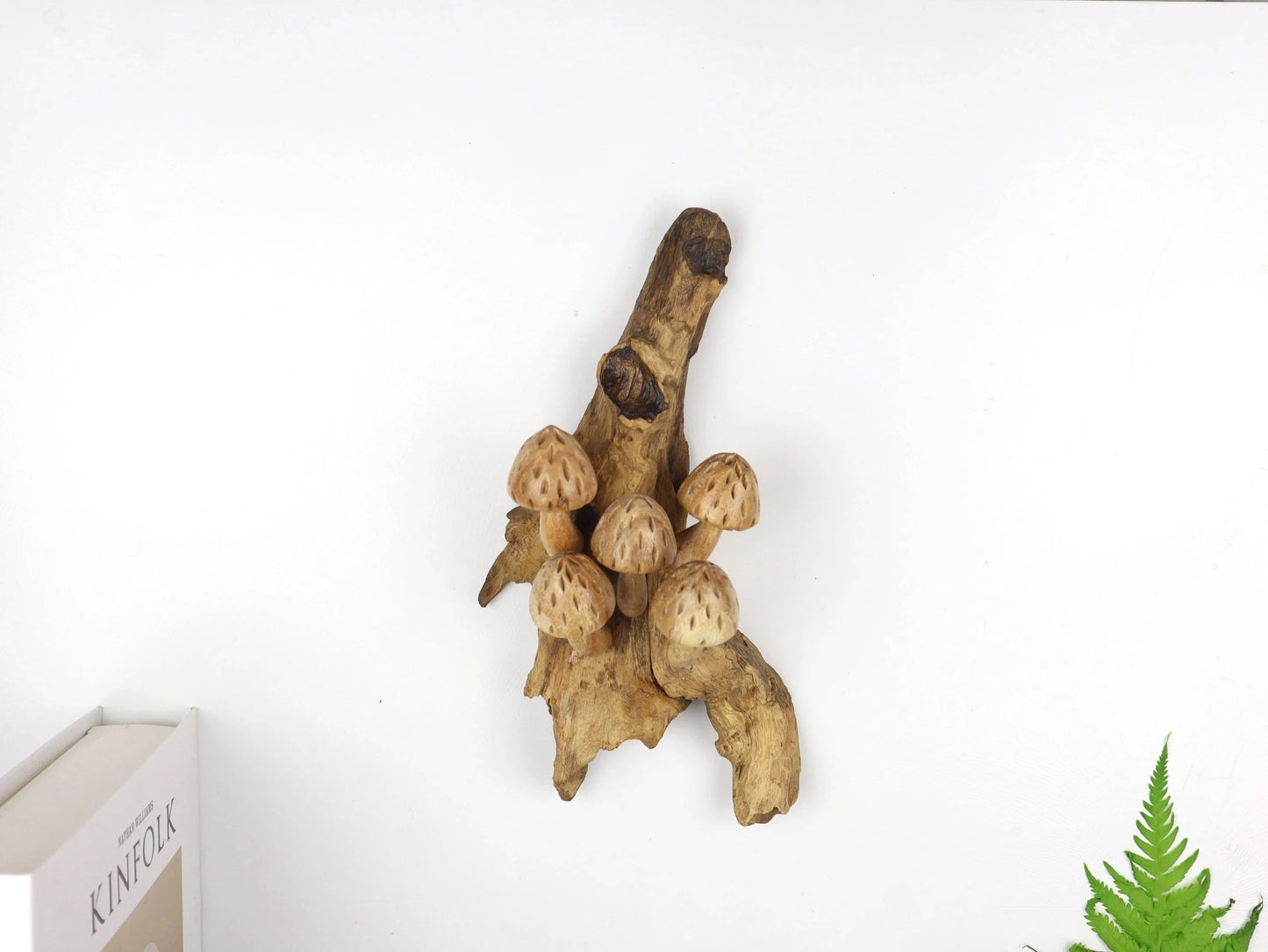 Hand-Carved Wooden Speckled Mushroom Sculpture - Rustic Woodland Display