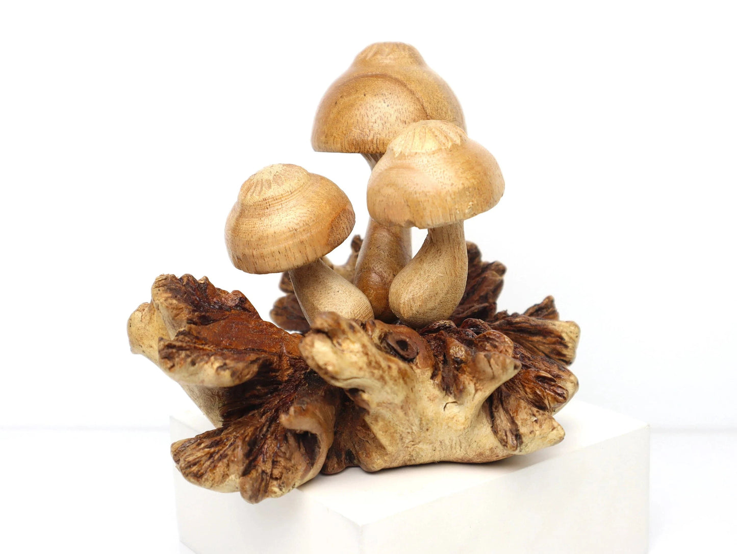Hand-Carved Natural Wood Mushroom Cluster Sculpture - Rustic Woodland Decor