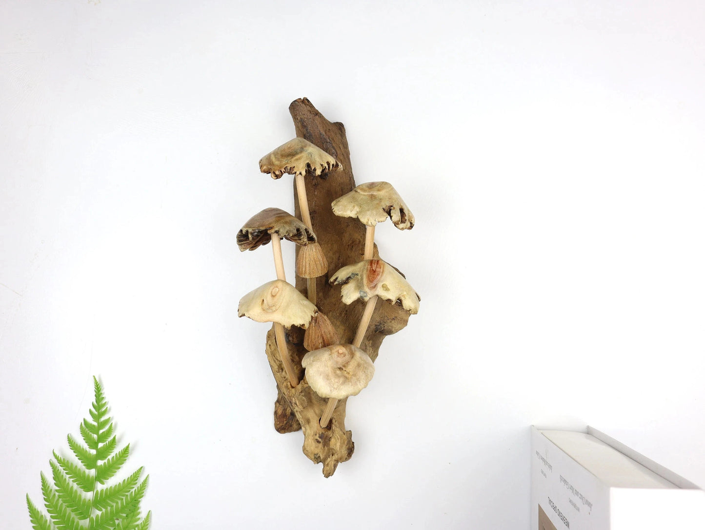 Hand-Carved Natural Wood Mushroom Cluster Sculpture - Vertical Woodland Display