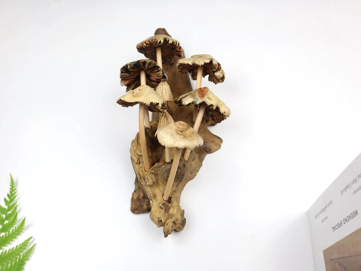 Hand-Carved Natural Wood Mushroom Cluster Sculpture - Vertical Woodland Display