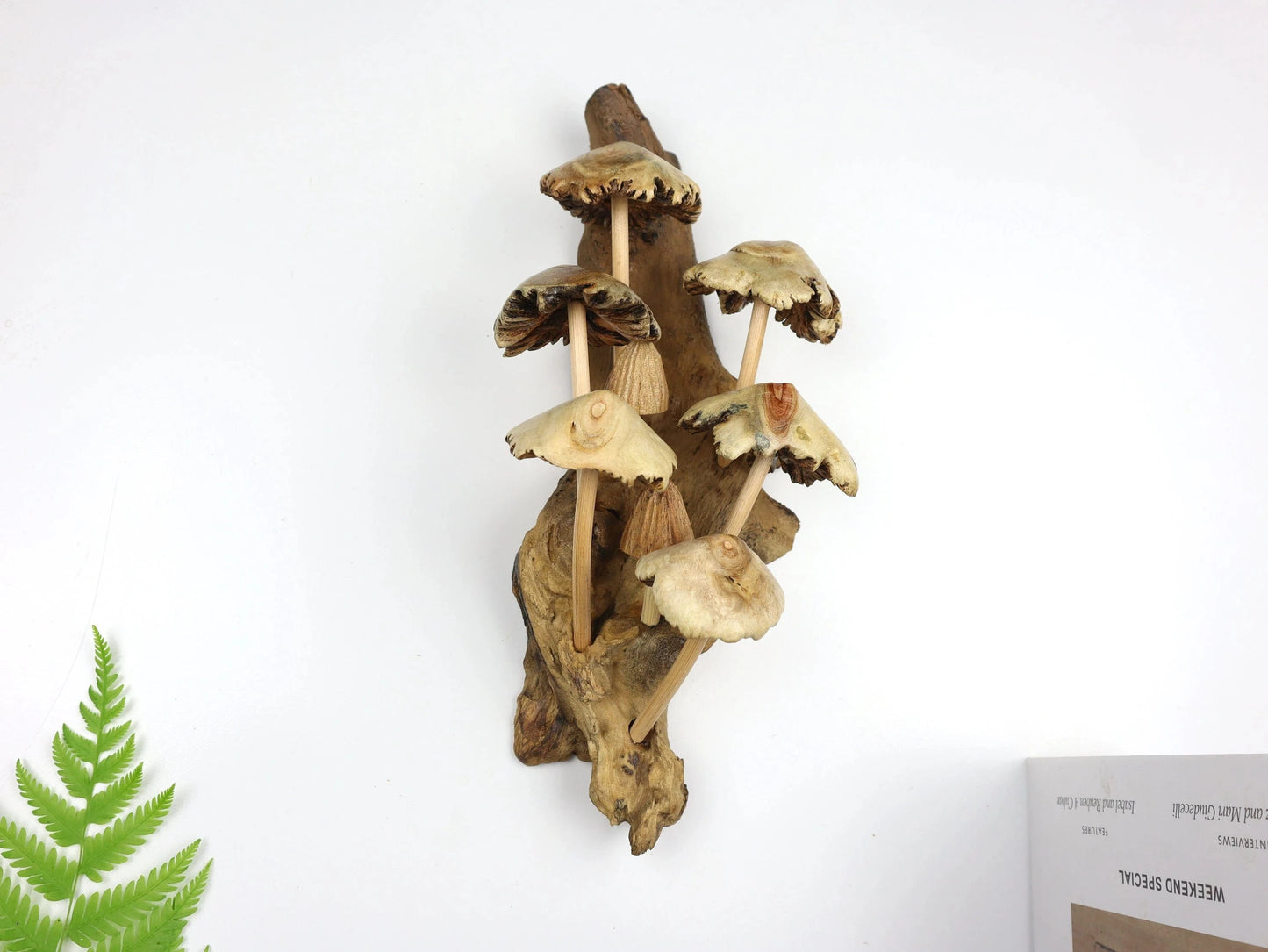 Hand-Carved Natural Wood Mushroom Cluster Sculpture - Vertical Woodland Display