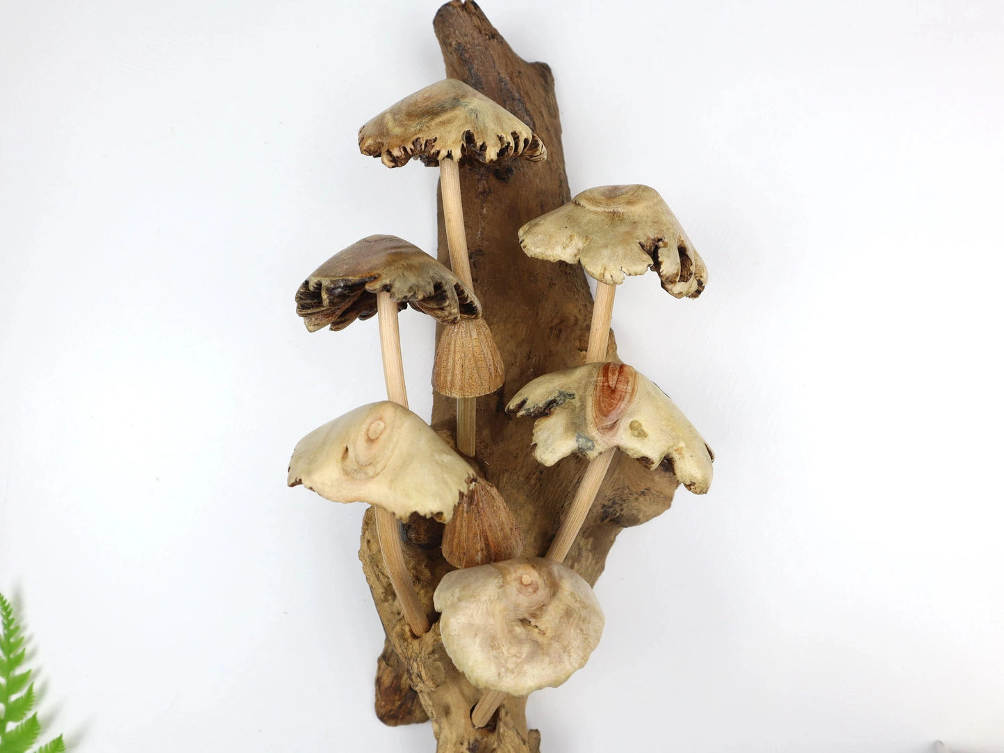 Hand-Carved Natural Wood Mushroom Cluster Sculpture - Vertical Woodland Display