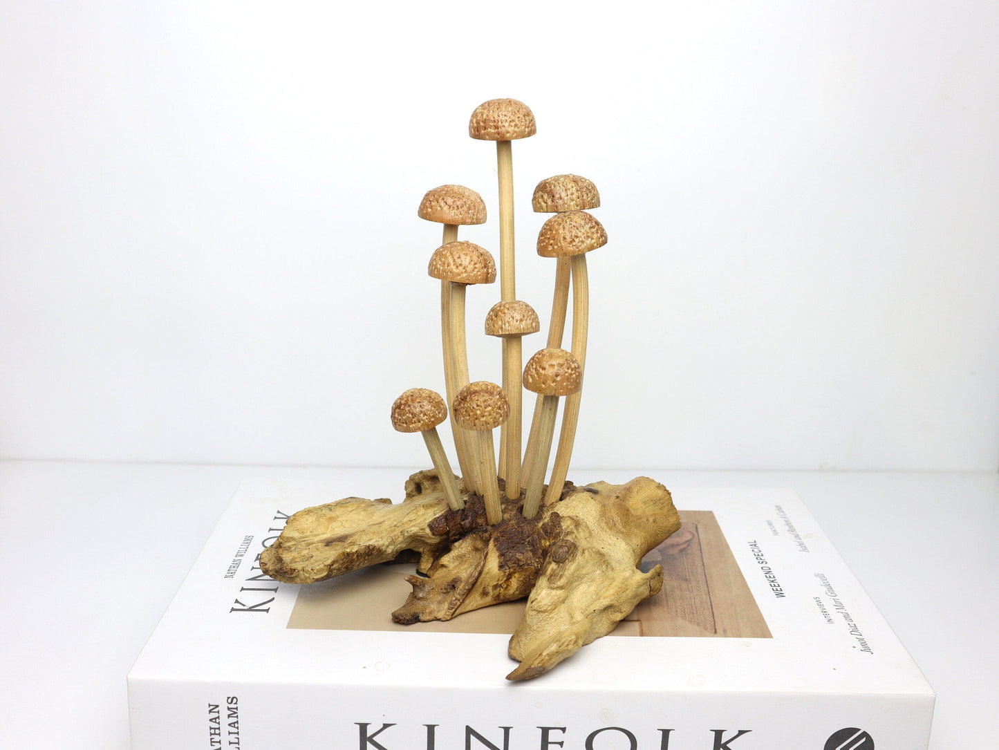 Hand-Carved Wooden Enoki Mushroom Sculpture - Delicate Rustic Home Decor