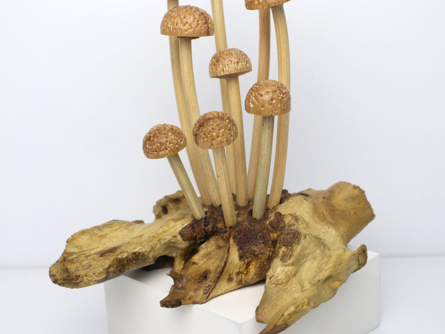 Hand-Carved Wooden Enoki Mushroom Sculpture - Delicate Rustic Home Decor