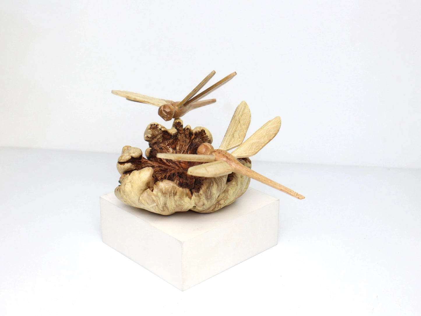 Hand-Carved Wooden Dragonfly Pair Sculpture - Freestanding Rustic Decor