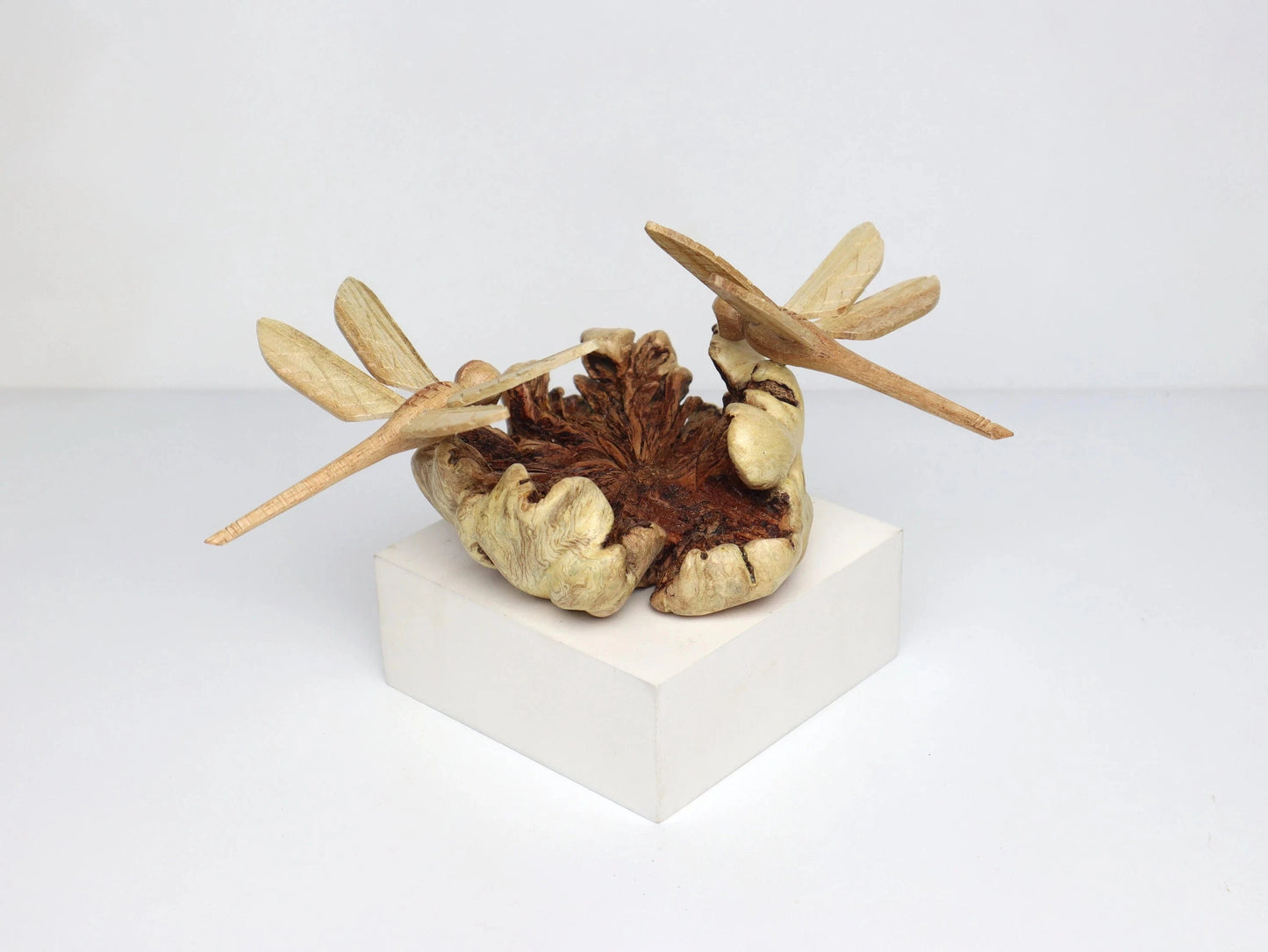 Hand-Carved Wooden Dragonfly Pair Sculpture - Freestanding Rustic Decor