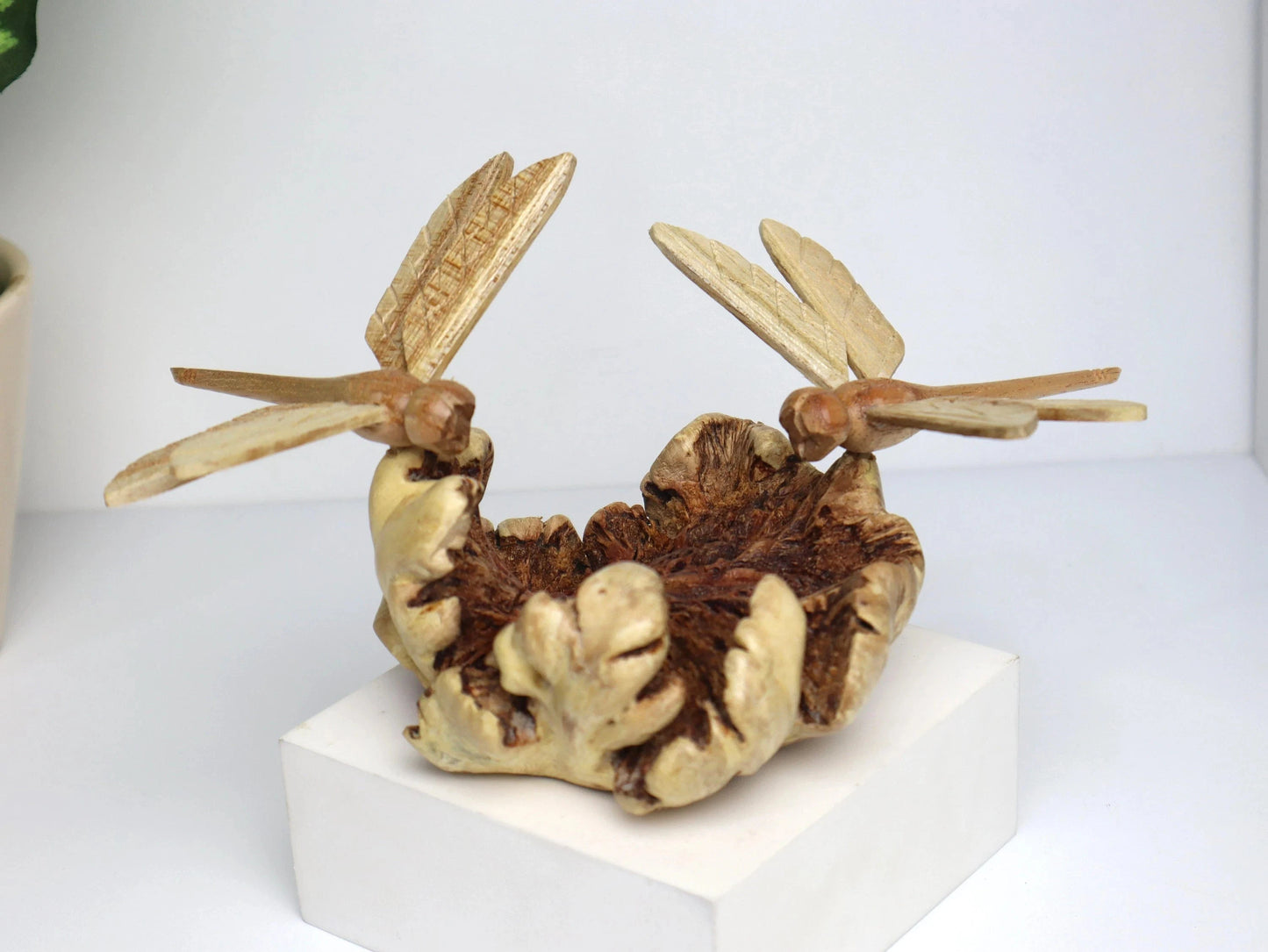 Hand-Carved Wooden Dragonfly Pair Sculpture - Freestanding Rustic Decor