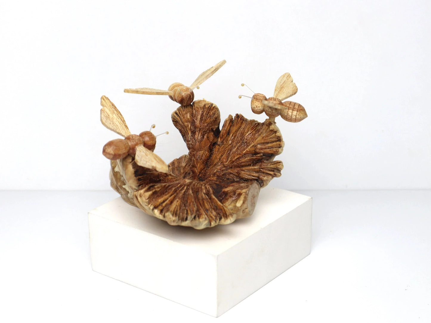 Hand-Carved Natural Wood Bee Trio Sculpture - Freestanding Rustic Decor