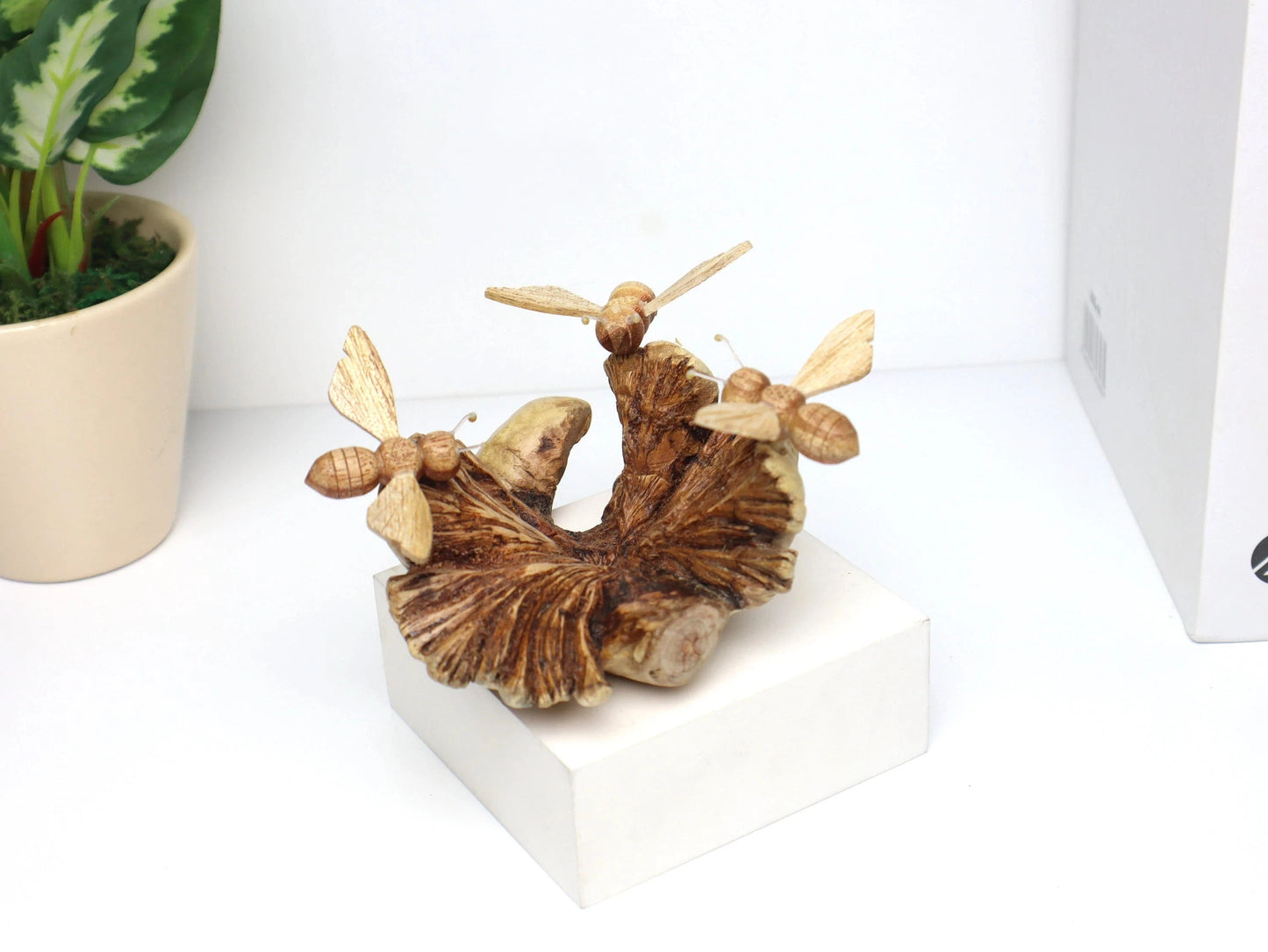 Hand-Carved Natural Wood Bee Trio Sculpture - Freestanding Rustic Decor