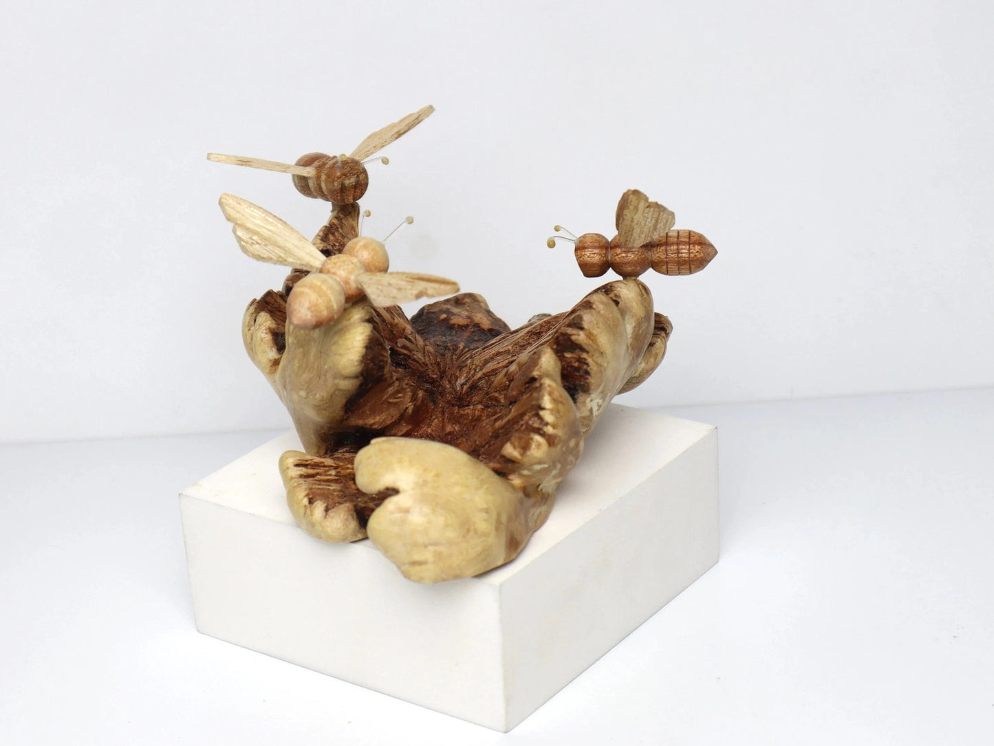 Hand-Carved Natural Wood Bee Trio Sculpture - Freestanding Rustic Decor