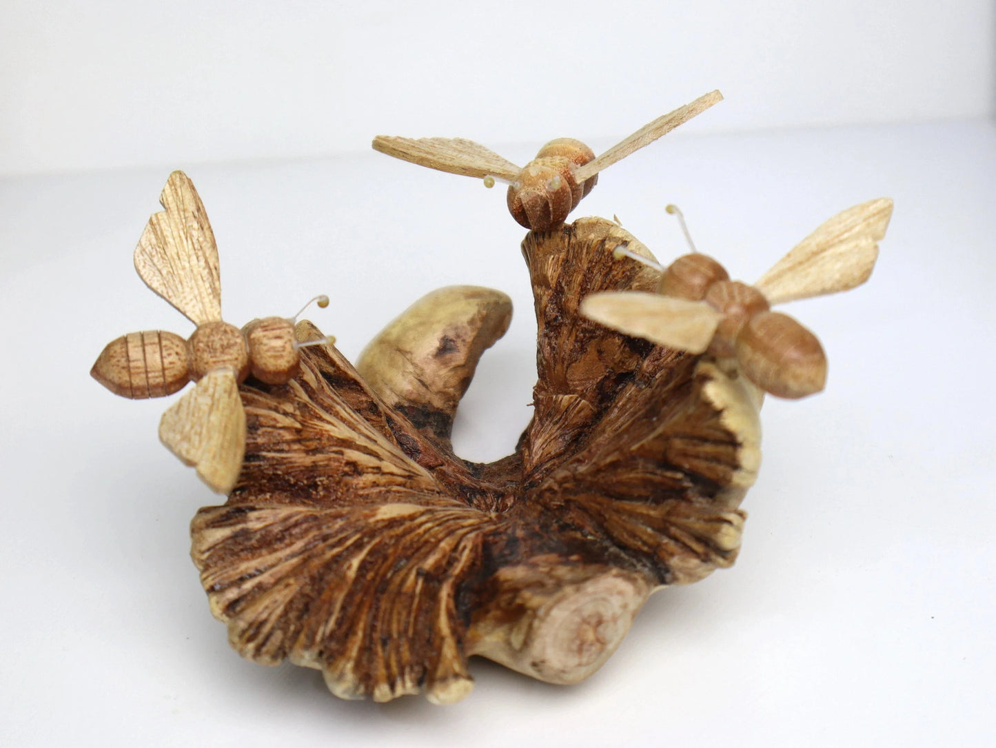 Hand-Carved Natural Wood Bee Trio Sculpture - Freestanding Rustic Decor