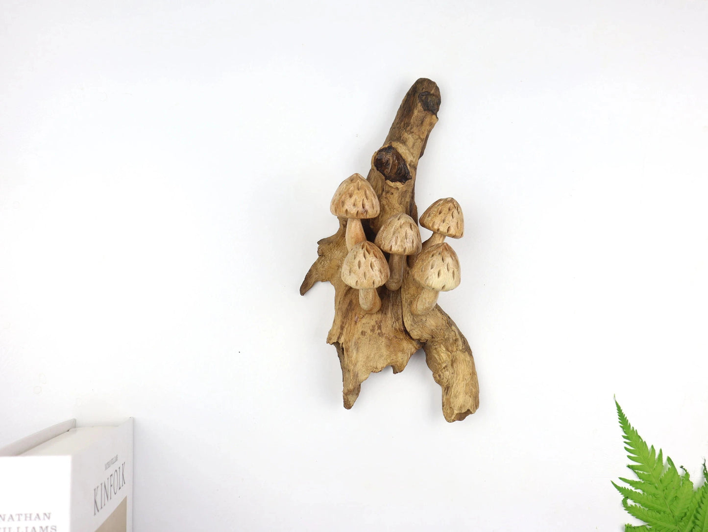 Hand-Carved Wooden Speckled Mushroom Sculpture - Rustic Woodland Display