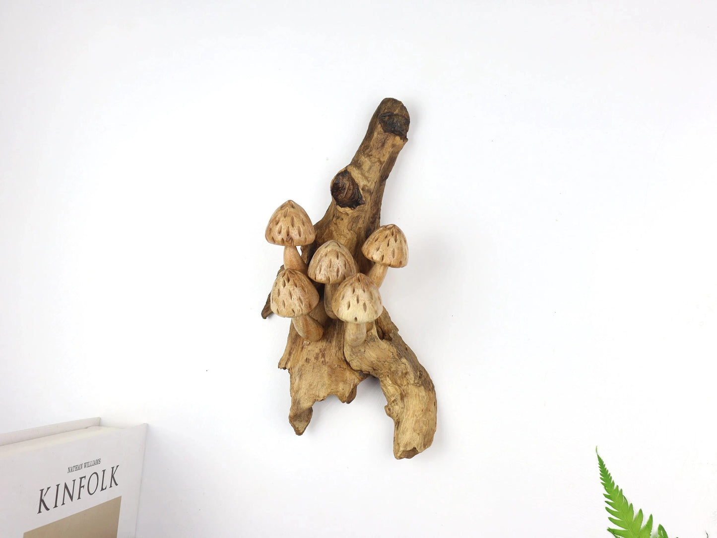 Hand-Carved Wooden Speckled Mushroom Sculpture - Rustic Woodland Display