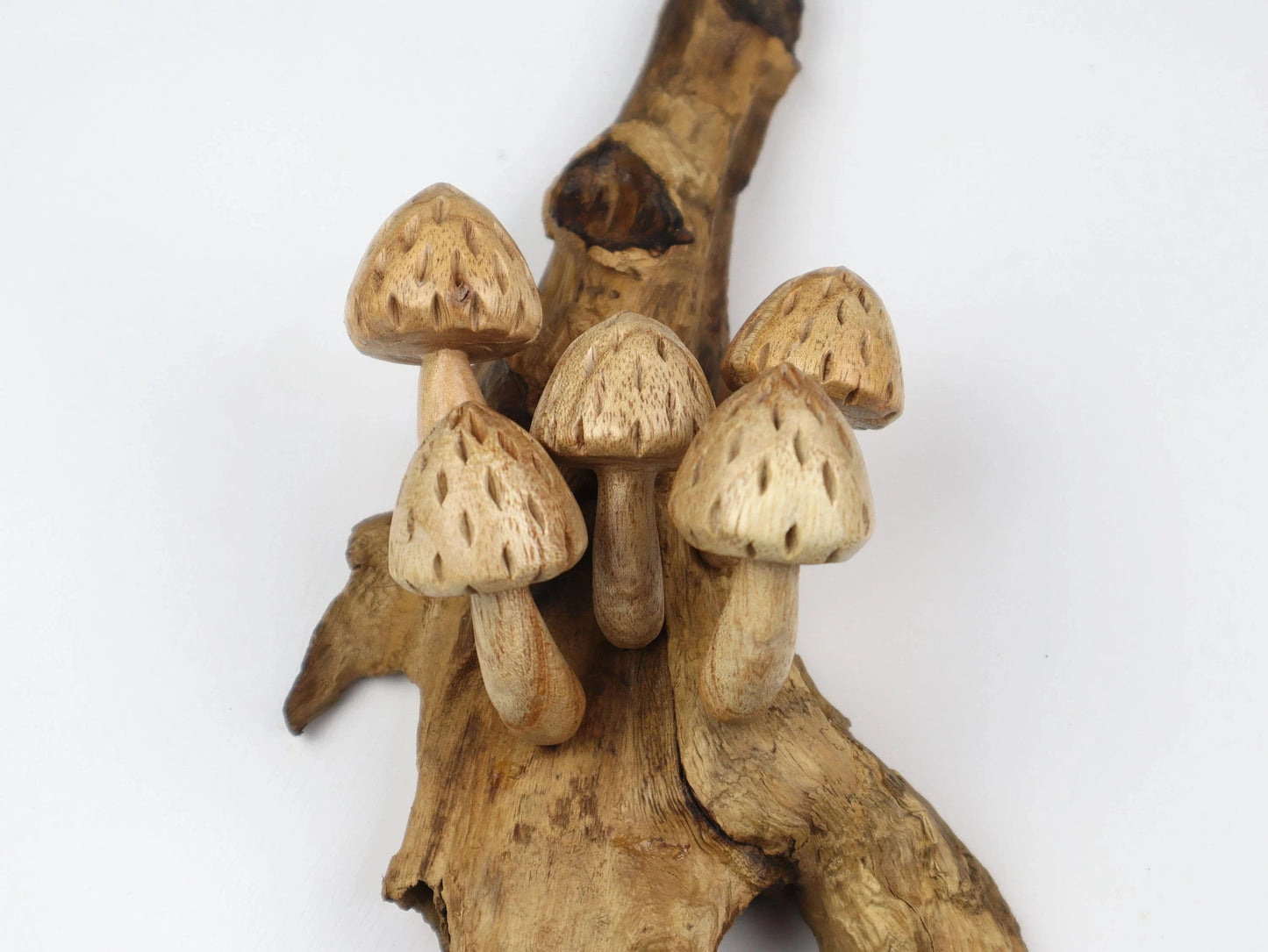 Hand-Carved Wooden Speckled Mushroom Sculpture - Rustic Woodland Display
