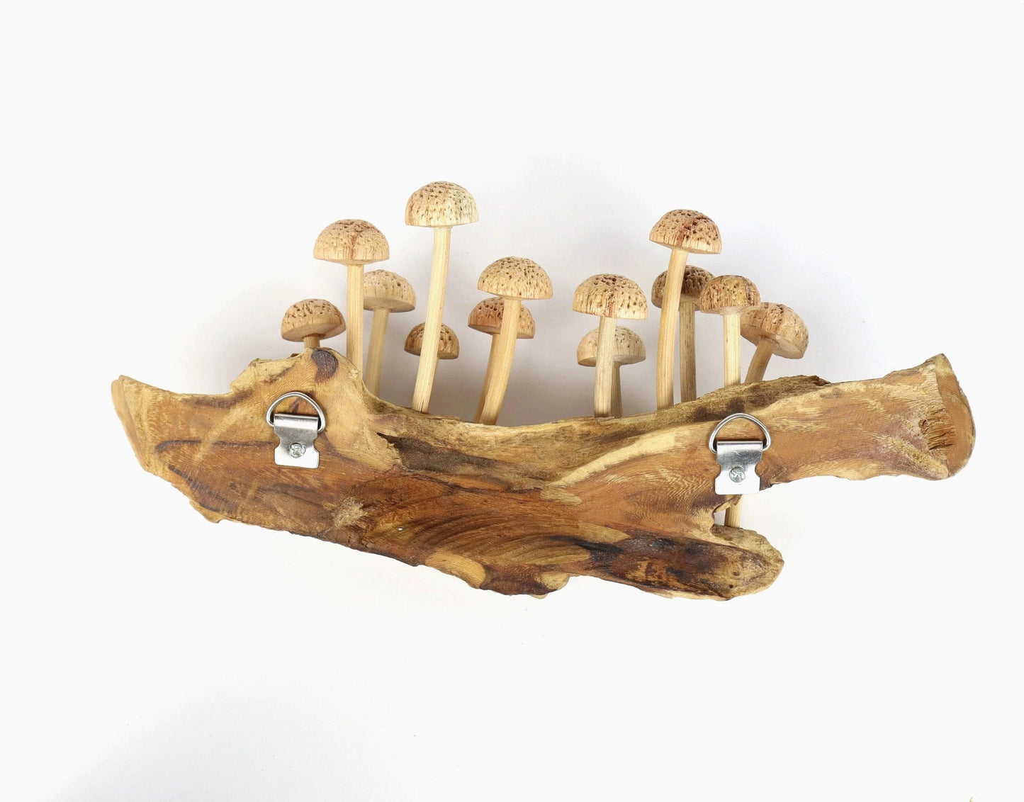 Large Hand-Carved Wooden Mushroom Cluster on Natural Log - Rustic Forest Display