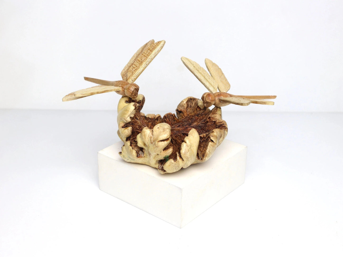 Hand-Carved Wooden Dragonfly Pair Sculpture - Freestanding Rustic Decor