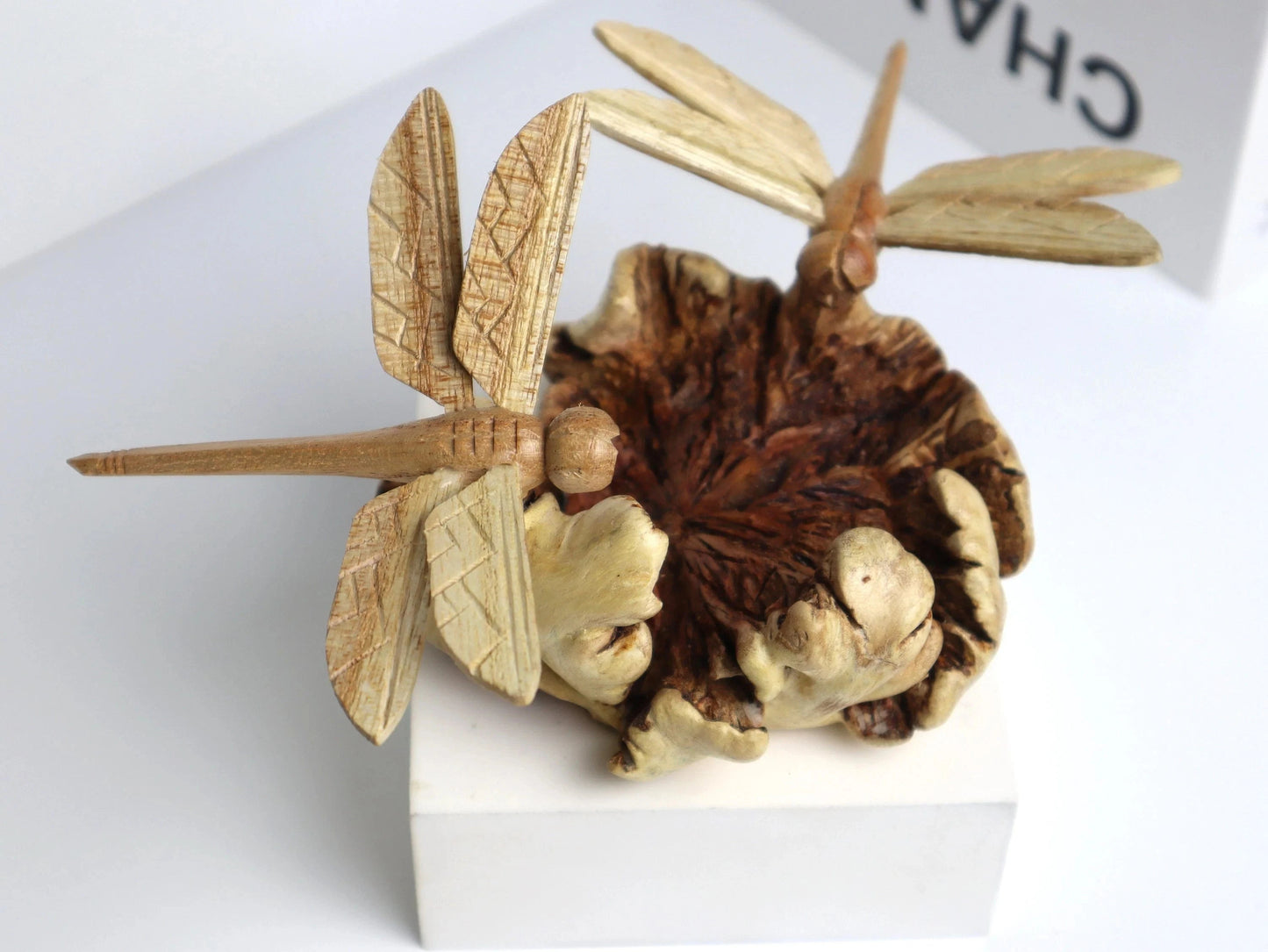 Hand-Carved Wooden Dragonfly Pair Sculpture - Freestanding Rustic Decor