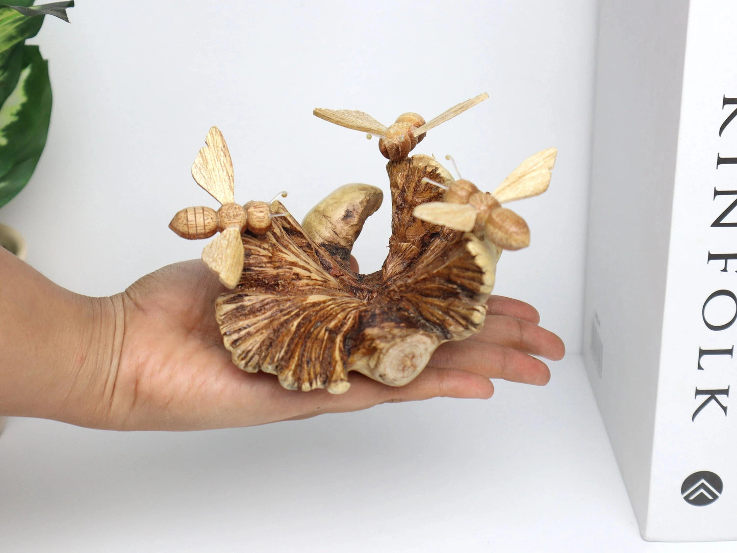 Hand-Carved Natural Wood Bee Trio Sculpture - Freestanding Rustic Decor