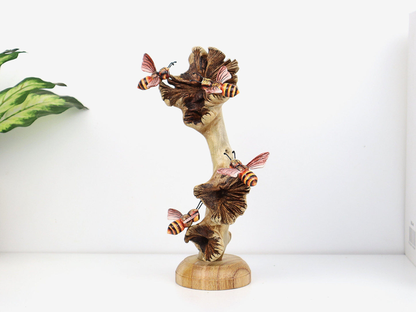 Hand-Carved & Painted Bee Quartet on Mushroom Stems - Freestanding Rustic Decor