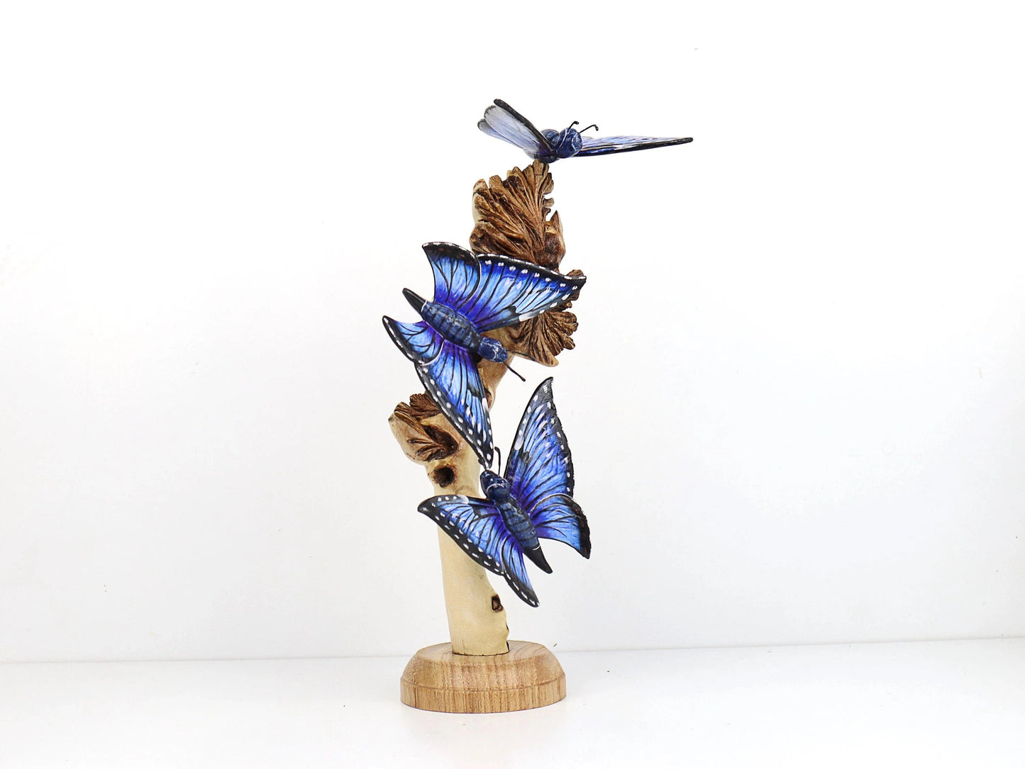 Hand-Carved & Painted Blue Butterfly Trio on Natural Wood Base - Freestanding Decor