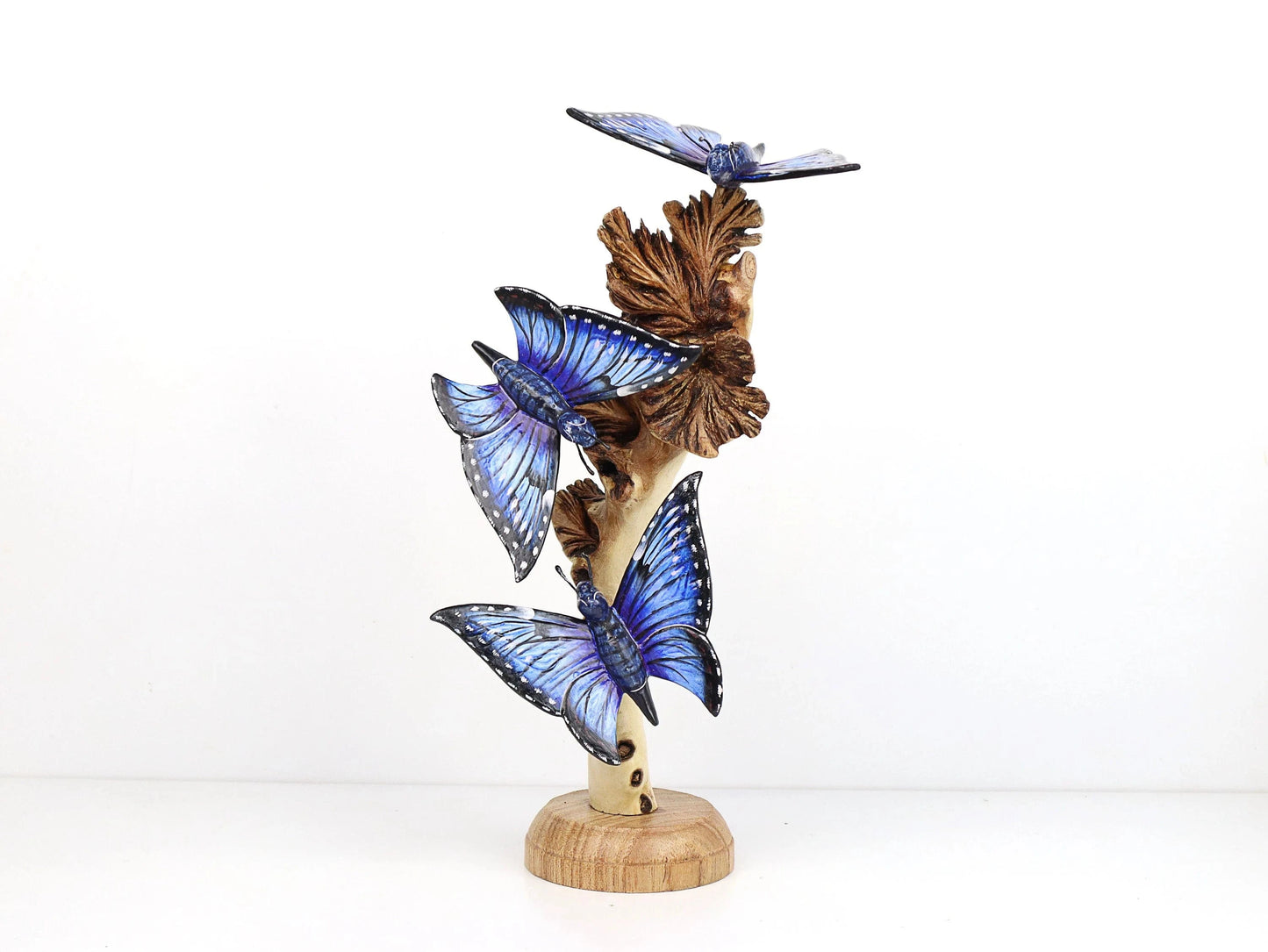 Hand-Carved & Painted Blue Butterfly Trio on Natural Wood Base - Freestanding Decor