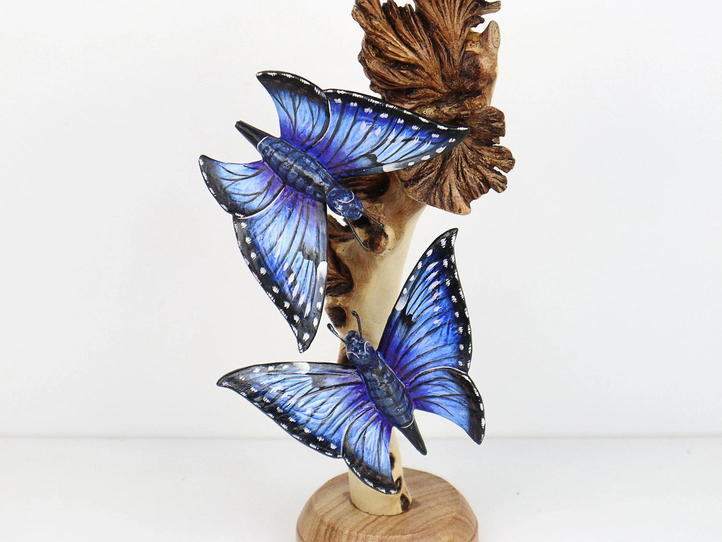 Hand-Carved & Painted Blue Butterfly Trio on Natural Wood Base - Freestanding Decor