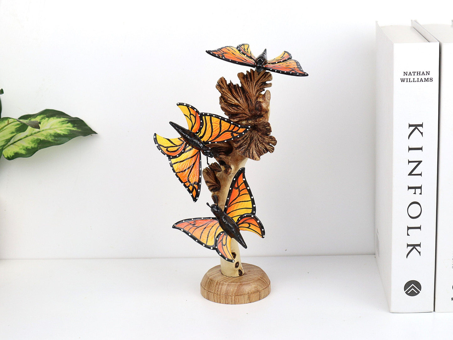 Hand-Carved & Painted Monarch Butterfly Trio on Natural Wood Base - Freestanding Decor