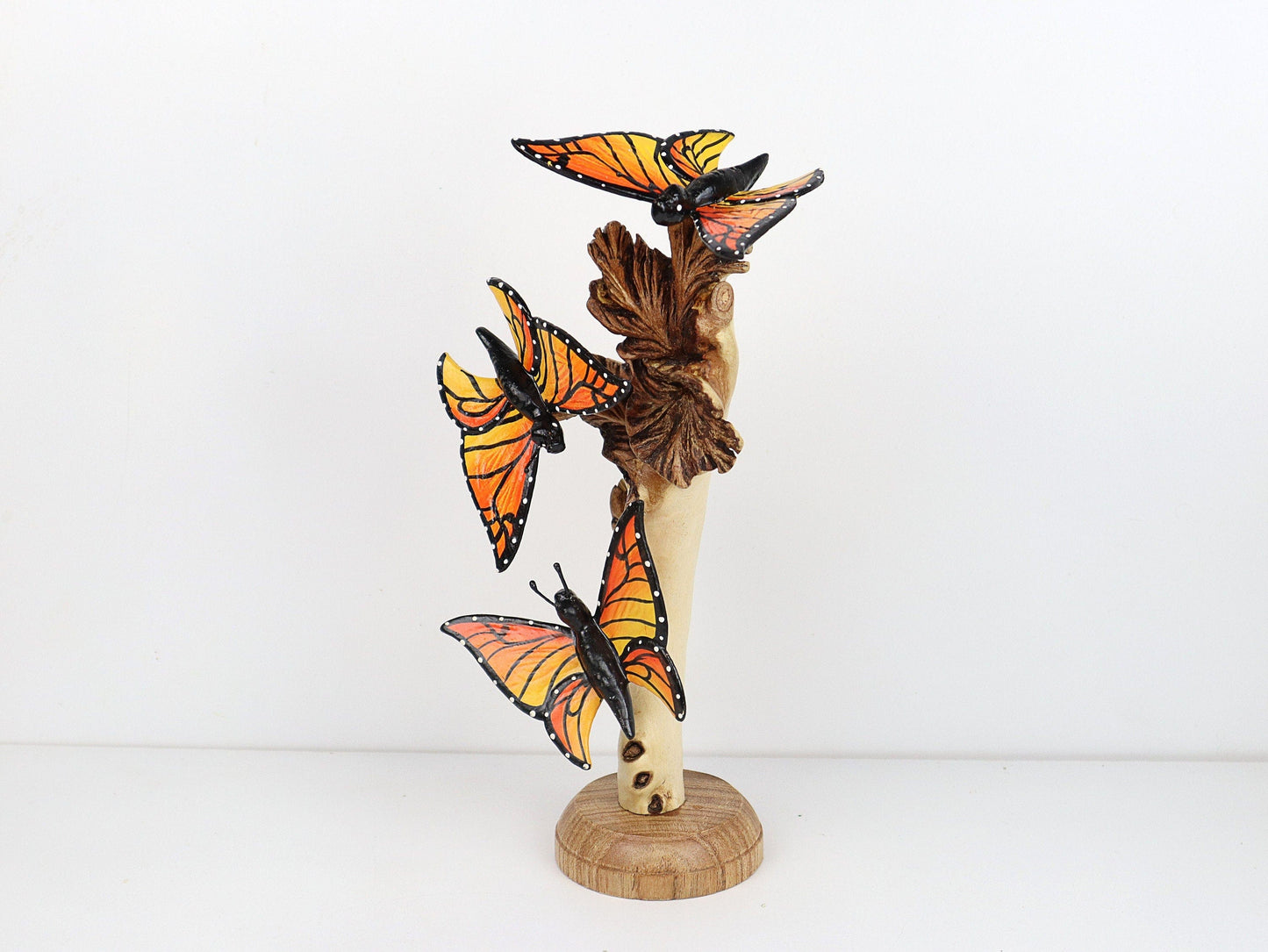 Hand-Carved & Painted Monarch Butterfly Trio on Natural Wood Base - Freestanding Decor