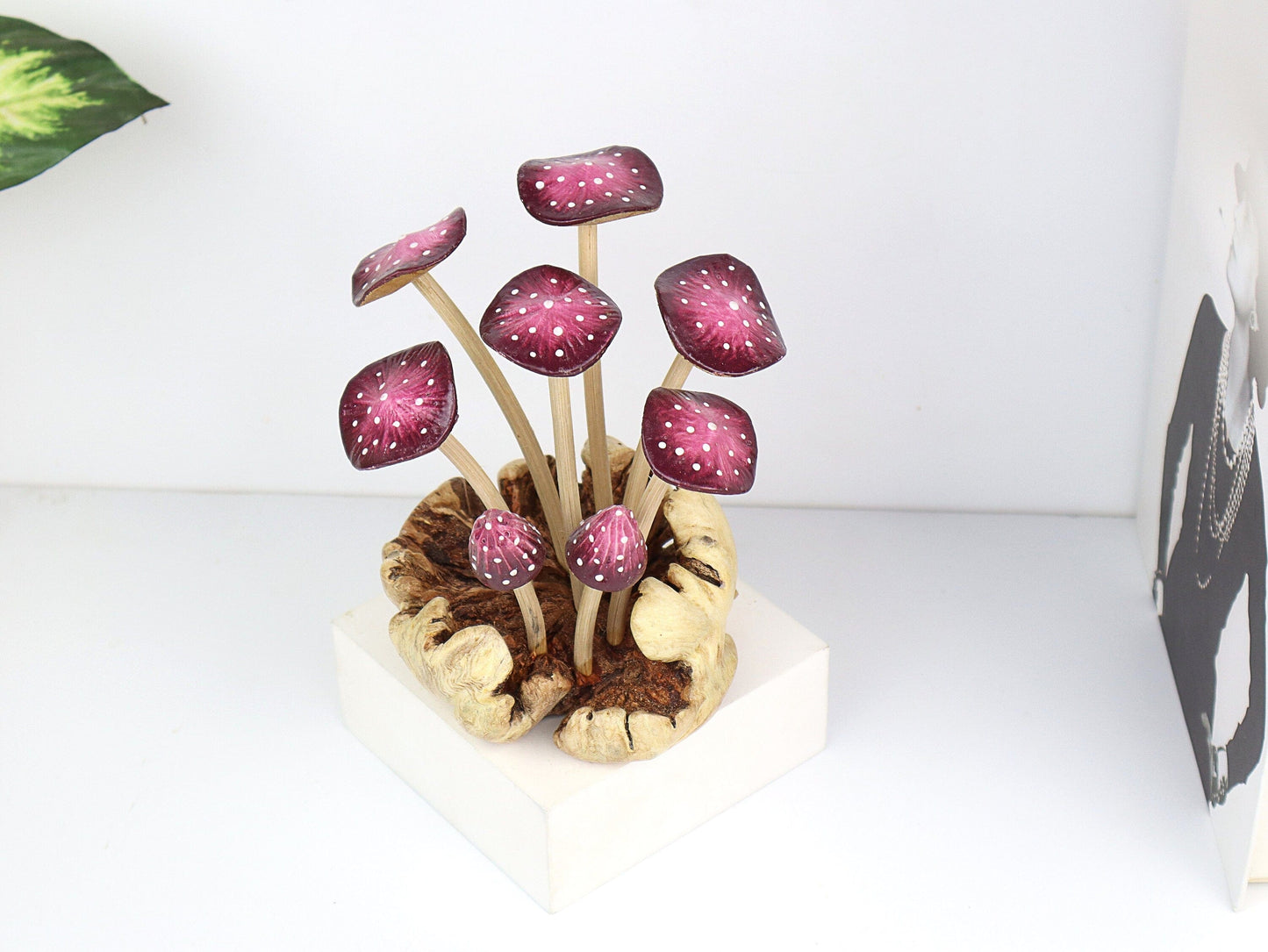 Hand-Carved & Painted Purple Mushroom Sculpture - Whimsical Tabletop Decor