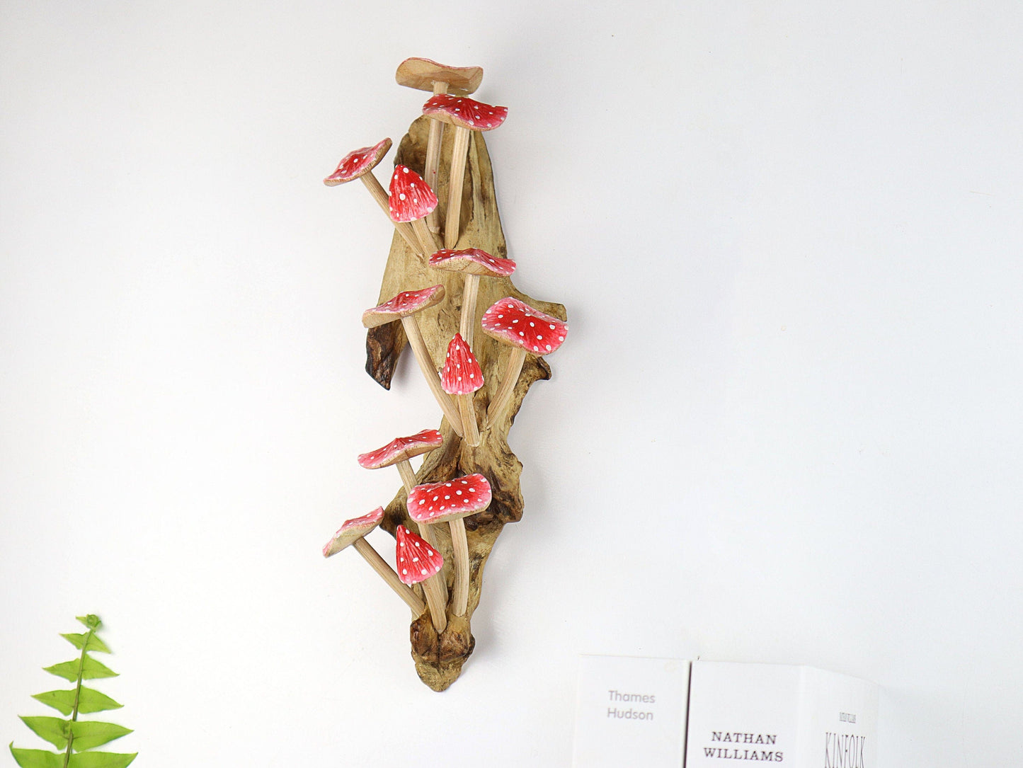 Large Hand-Carved & Painted Red & White Mushroom Wall Art - Tall Vertical Fairy Tale Decor