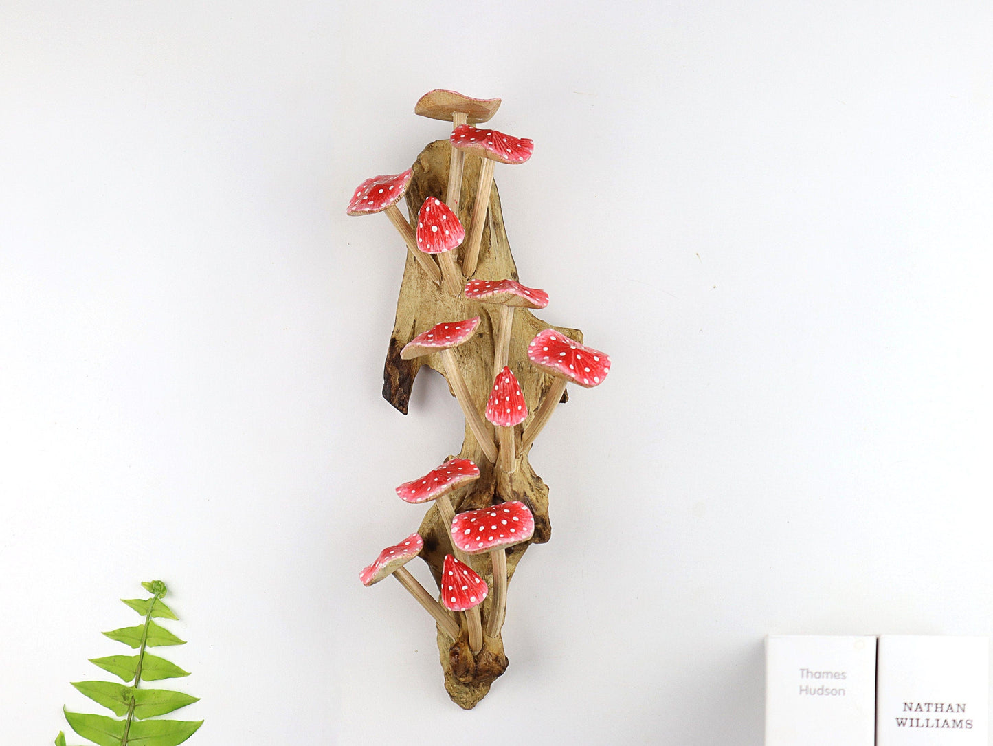 Large Hand-Carved & Painted Red & White Mushroom Wall Art - Tall Vertical Fairy Tale Decor