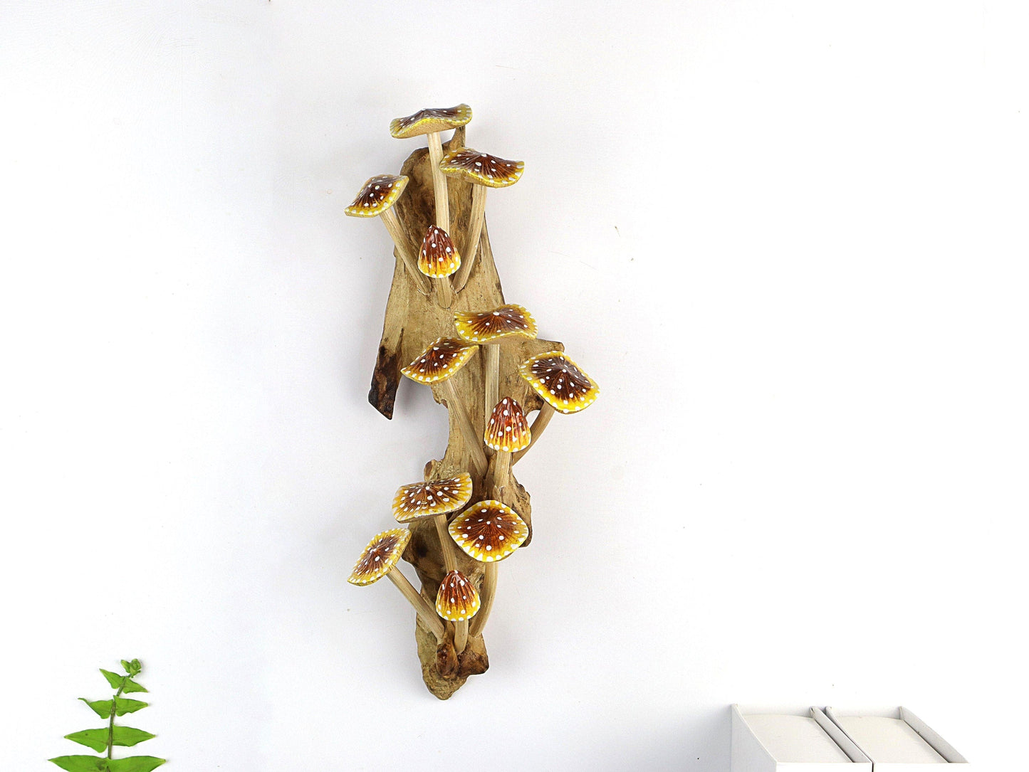 Hand-Carved & Painted Yellow & Orange Mushroom Wall Art - Vertical Whimsical Decor