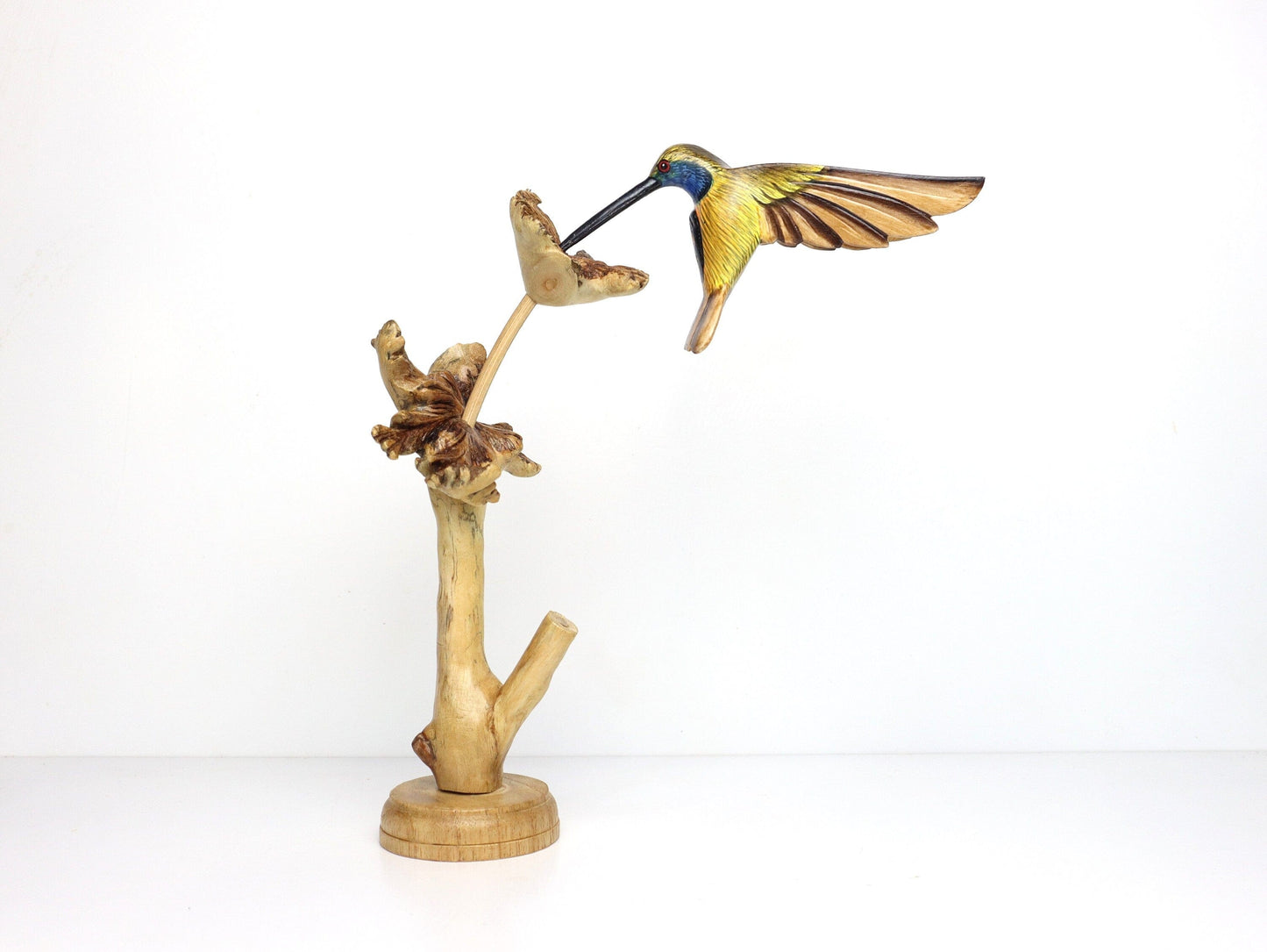 花を食べている青いハチドリのアート、手描きの鳥の飾り、木製の鳥の像、木彫り、鳥愛好家へのギフト、母の日ギフト。