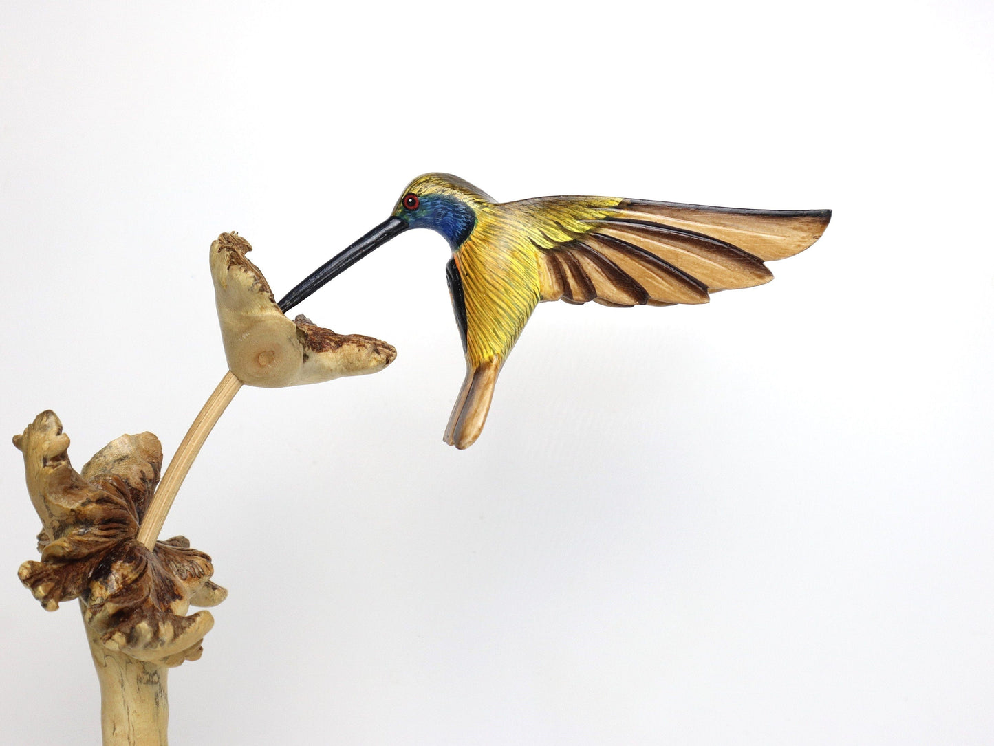 花を食べている青いハチドリのアート、手描きの鳥の飾り、木製の鳥の像、木彫り、鳥愛好家へのギフト、母の日ギフト。