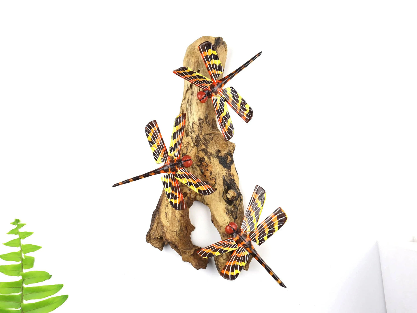 Hand-Carved & Painted Dragonfly Trio Wall Art - Vibrant Woodland Display