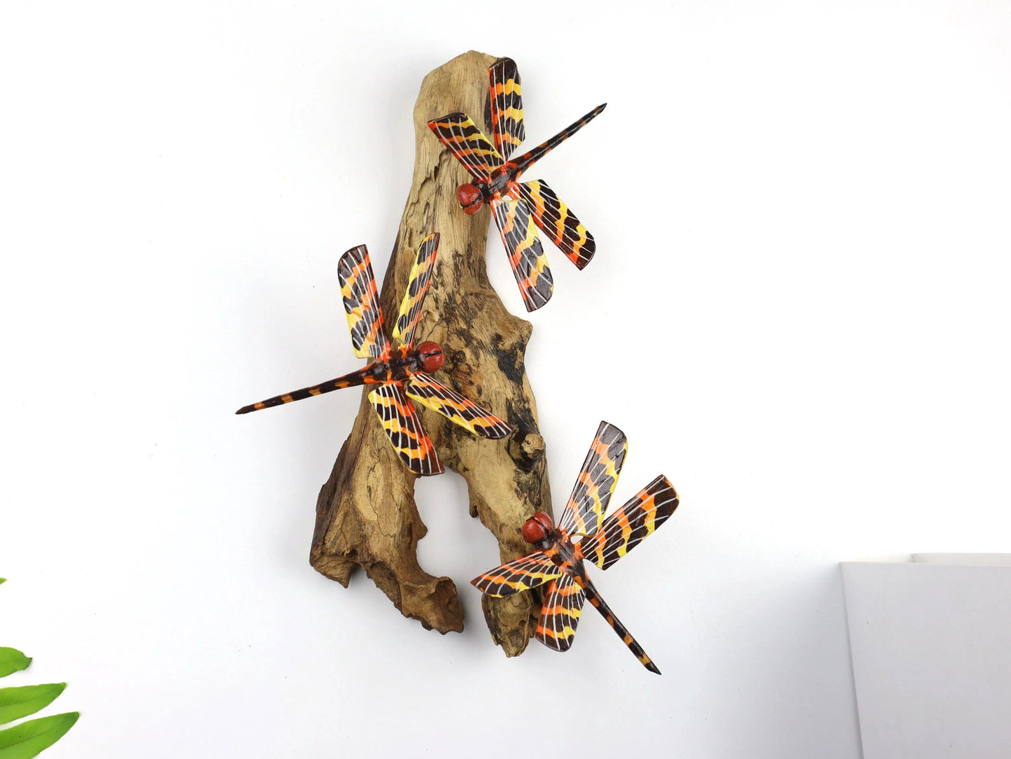Hand-Carved & Painted Dragonfly Trio Wall Art - Vibrant Woodland Display