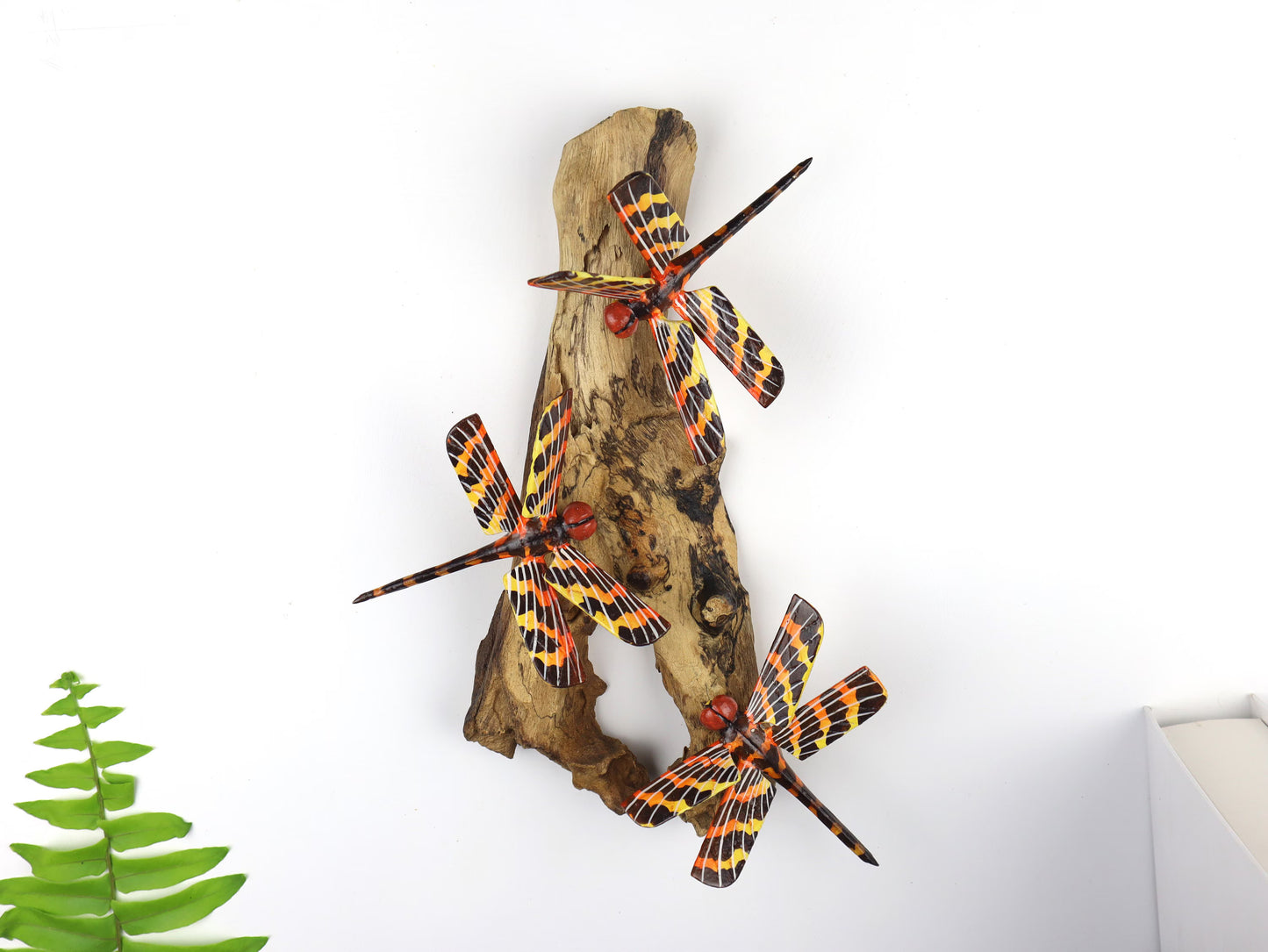 Hand-Carved & Painted Dragonfly Trio Wall Art - Vibrant Woodland Display