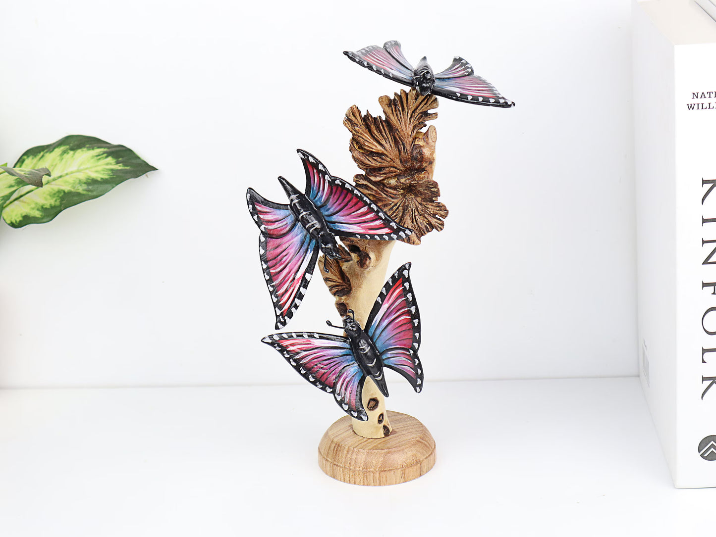 Hand-Carved & Painted Butterfly Flock on Natural Wood Branch - Freestanding Decor