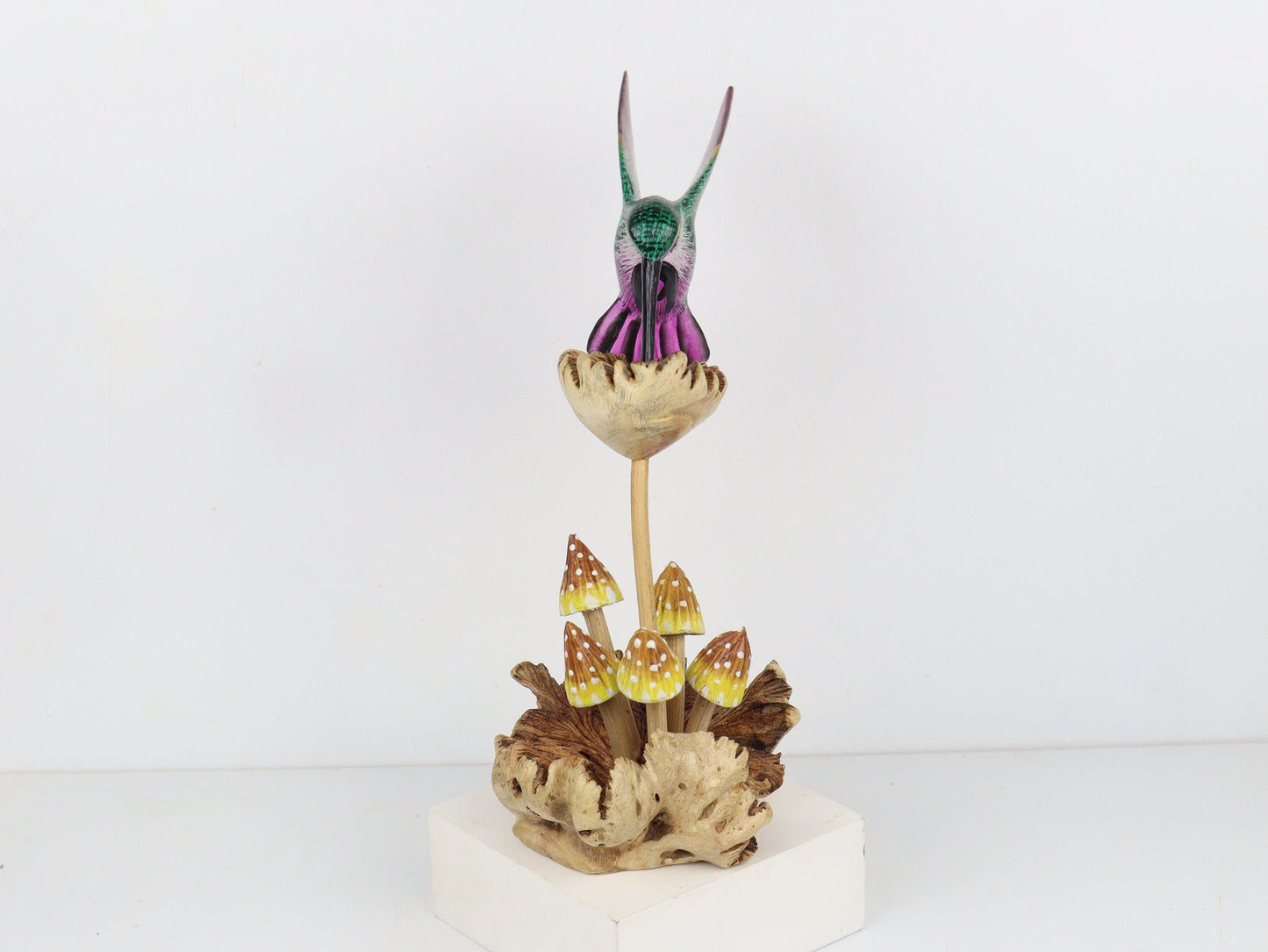 Colorful Hummingbird Feeding on Flower with Painted Mushroom Sculpture, Wooden Hummingbird, Handmade, Rustic, Table Decor, Birthday Gift.