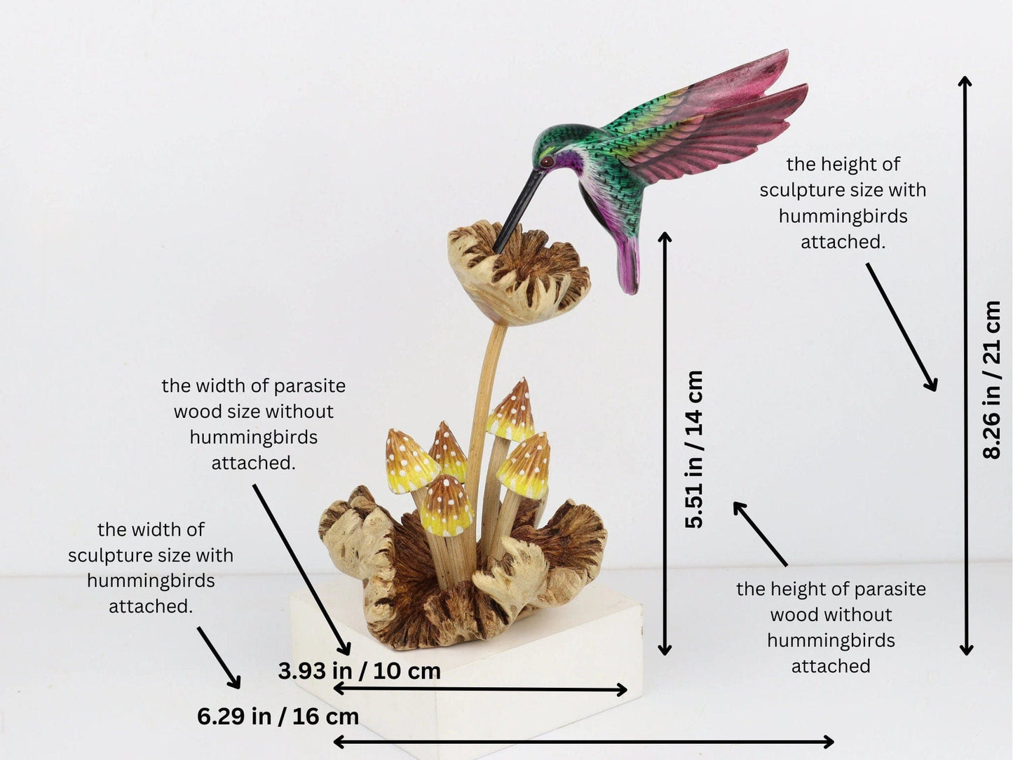 Colorful Hummingbird Feeding on Flower with Painted Mushroom Sculpture, Wooden Hummingbird, Handmade, Rustic, Table Decor, Birthday Gift.
